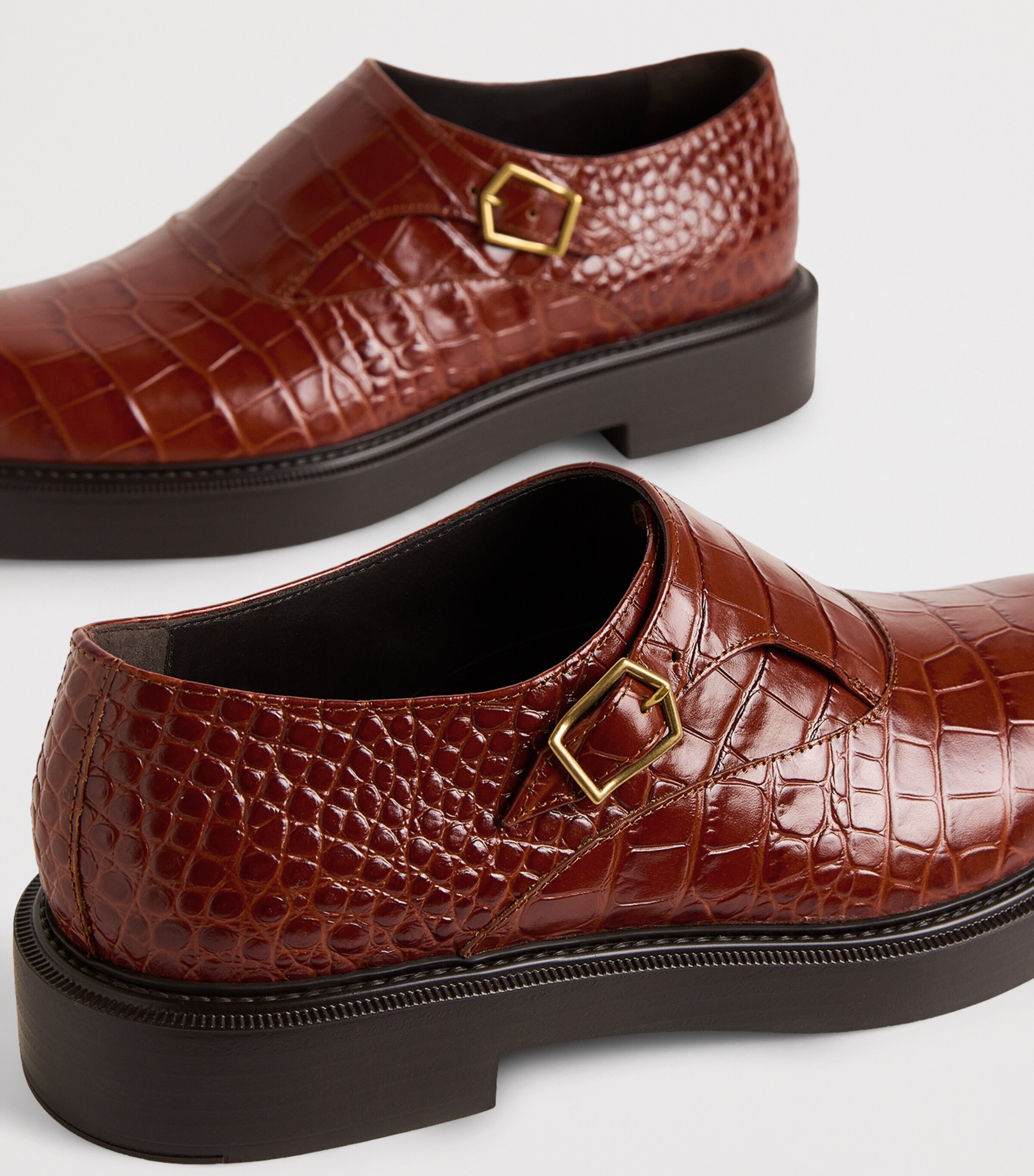 Croc-Embossed Leather Monk Shoes U6289 Image 7