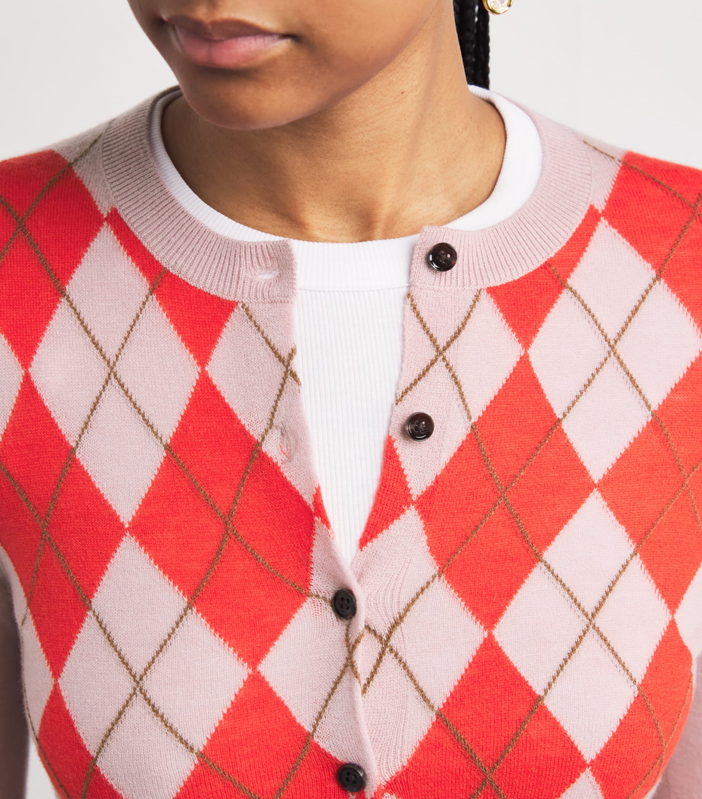 Wool-Cashmere Argyle Cardigan SMOKE PINK/POPPY RED Image 6