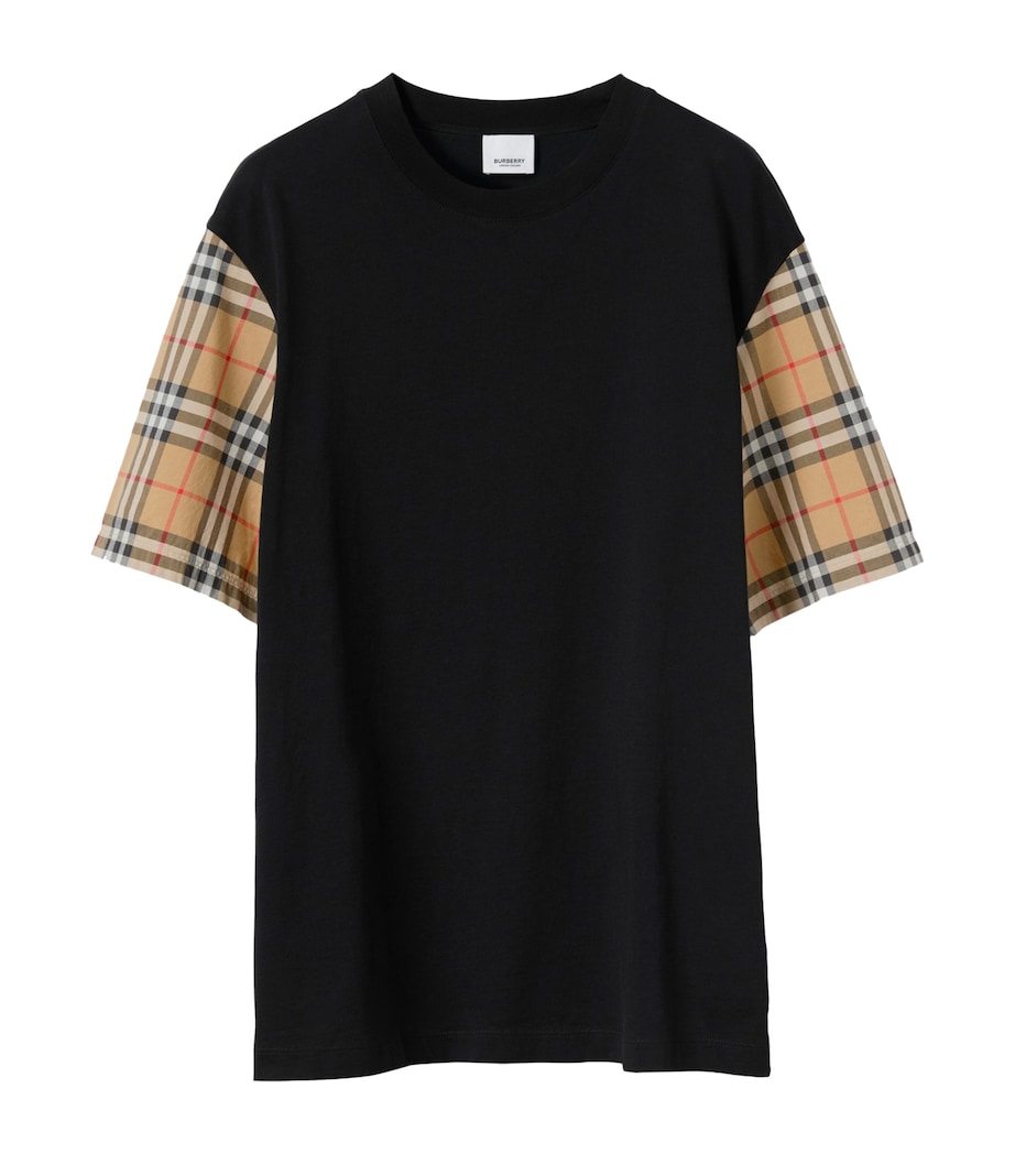 Cotton Check-Sleeve T-Shirt BLACK Image 1