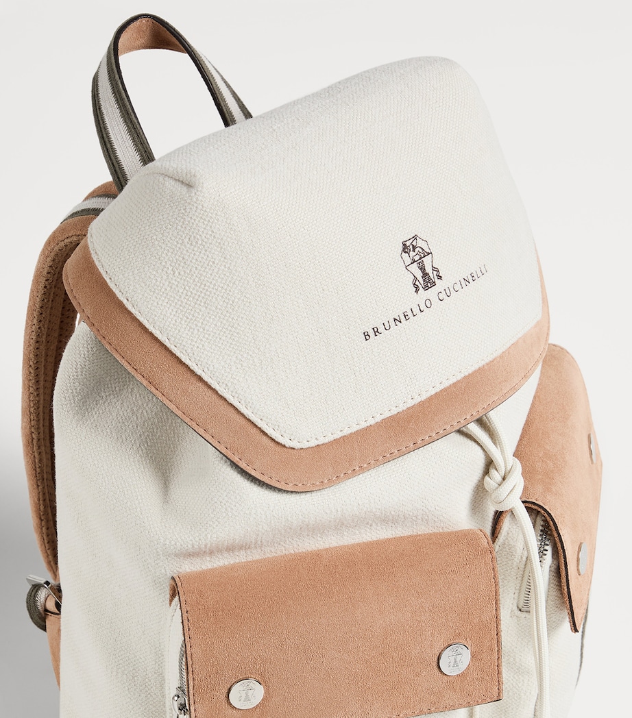 Brunello Cucinelli Kids Calfskin-Trim Cotton-Linen Backpack Image 3