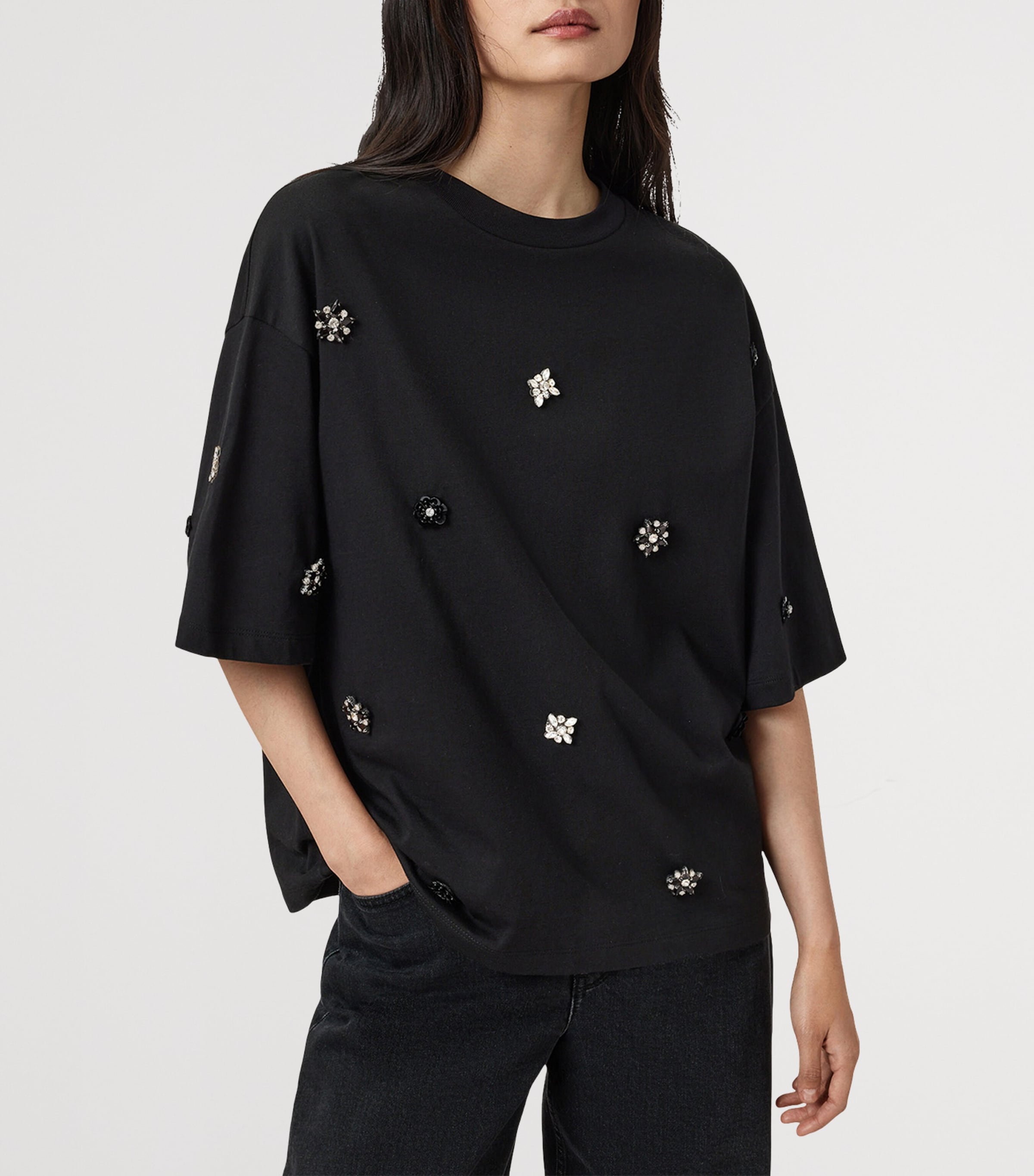 AllSaints Womens Organic Cotton Amelie Embellished T-Shirt Black Image 4