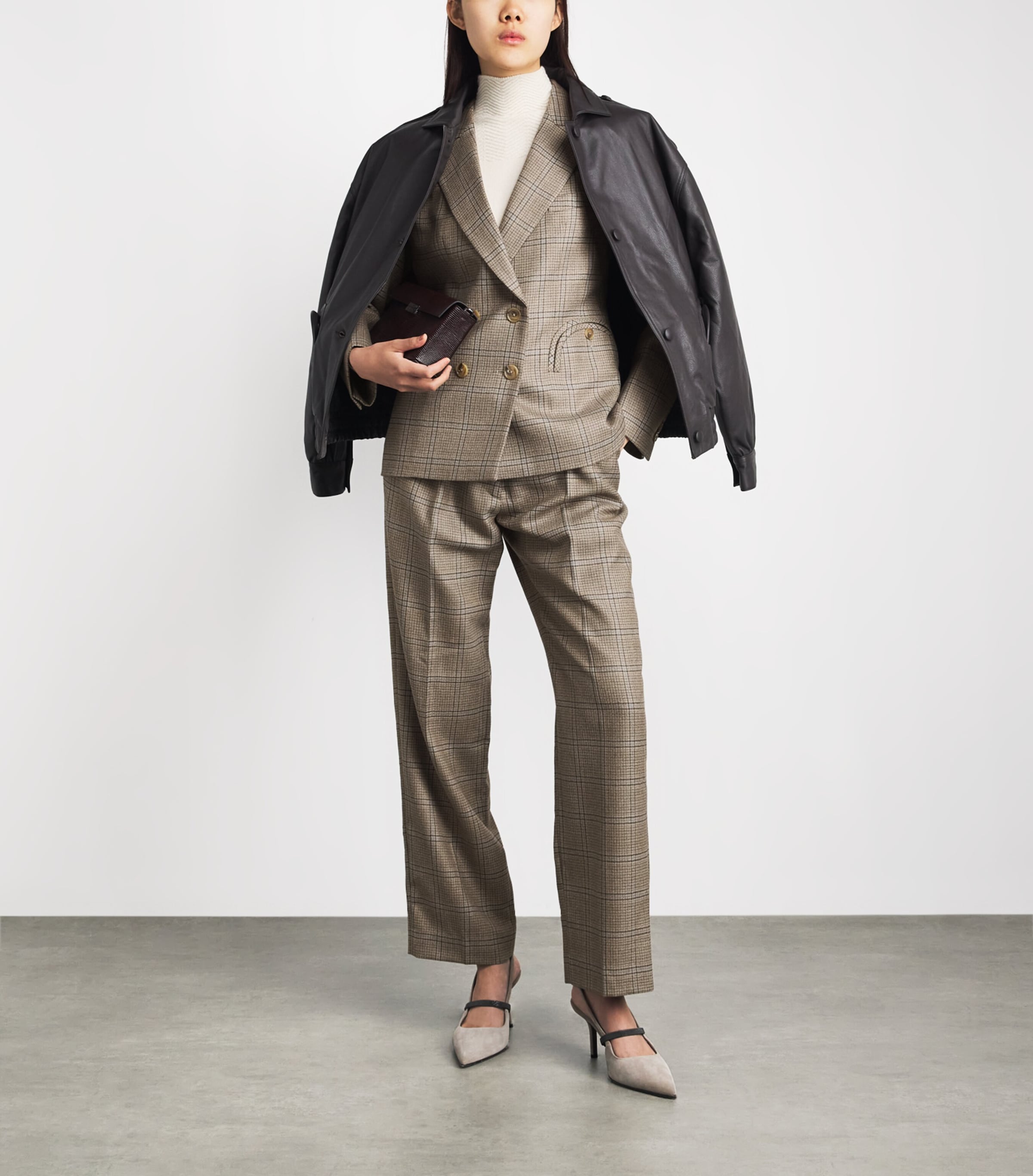Blazé Milano Womens Virgin Wool Check Fox Tailored Trousers Beige Image 2
