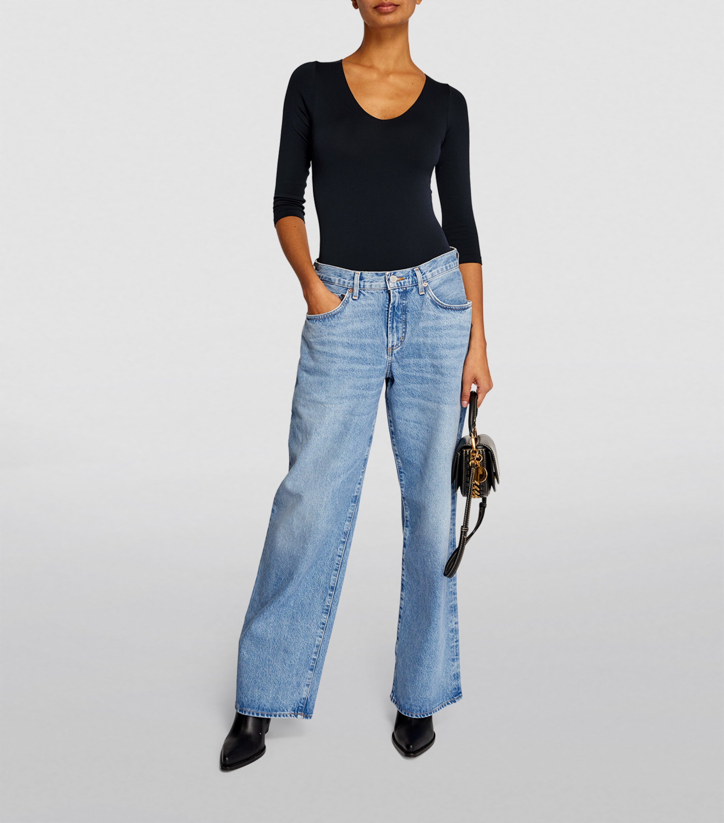 Cropped-Sleeve V-Neck Bodysuit 6179 MARINE Image 2