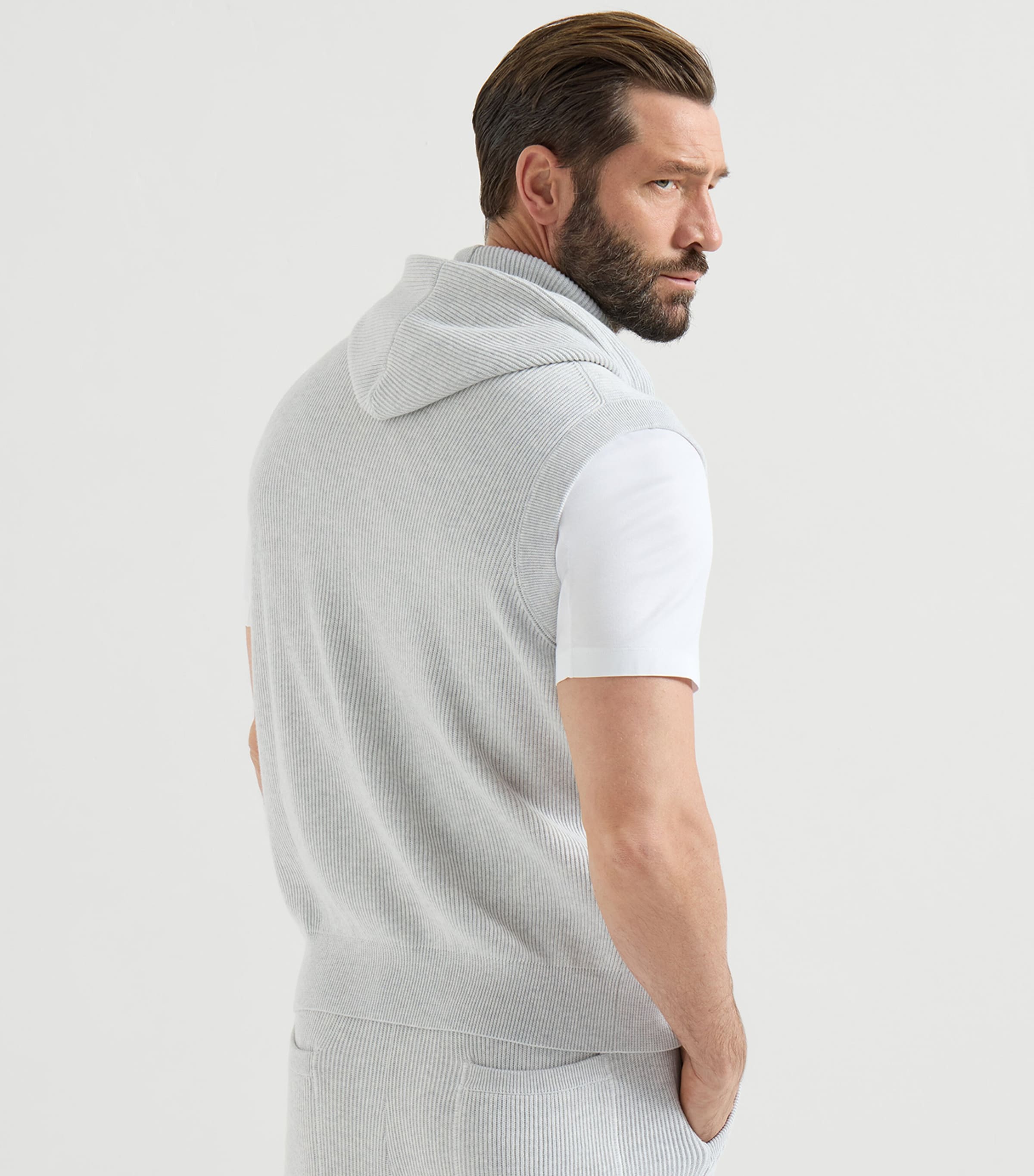 Brunello Cucinelli Mens Cotton Rib-Knit Sleeveless Hoodie Image 5