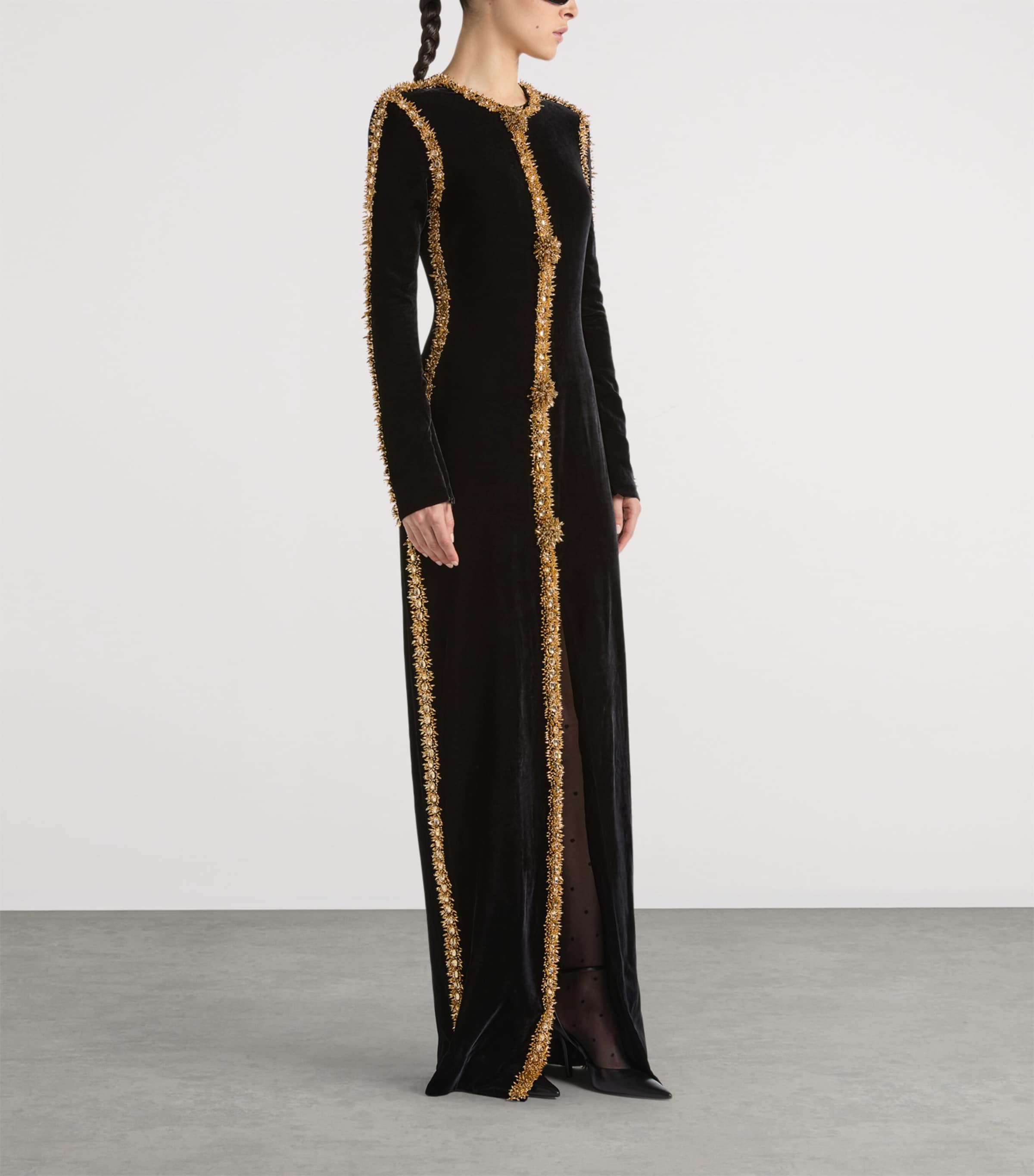 Balmain Womens Velvet Beaded-Trim Maxi Dress Ead Noir Or Image 2