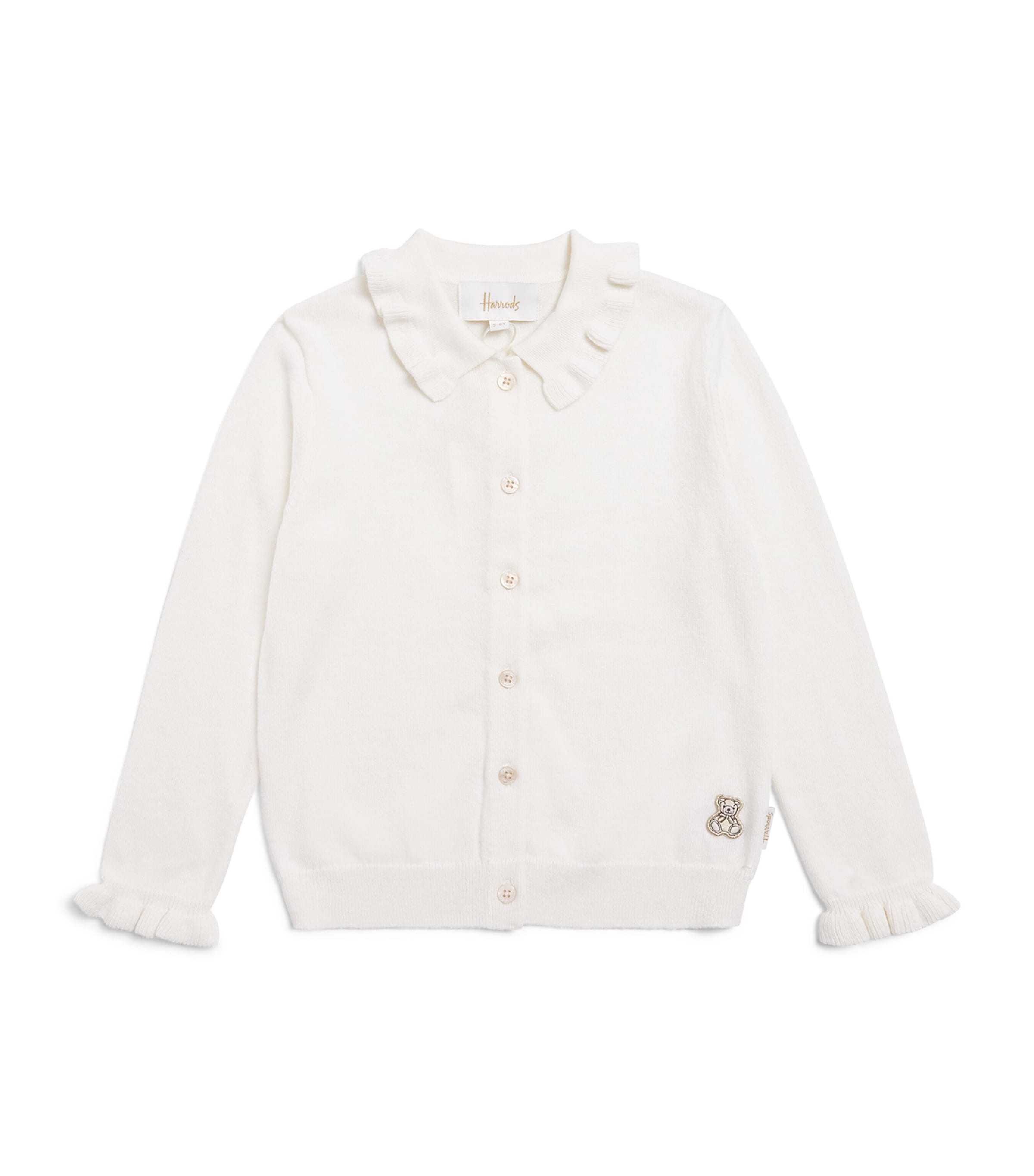 Harrods Wool-Cotton Frilled Bear Cardigan (2-8 Years) Ivory Image 1