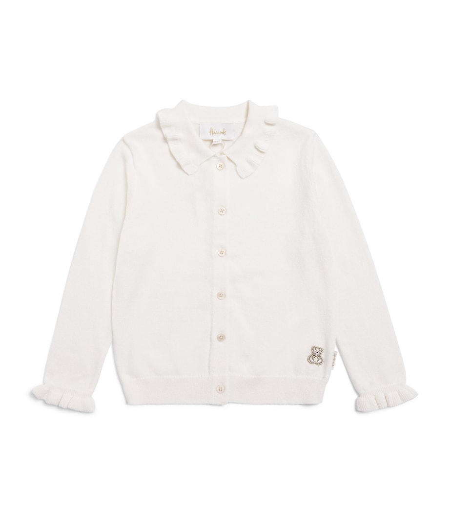Harrods Wool-Cotton Frilled Bear Cardigan (2-8 Years) Ivory Image 1