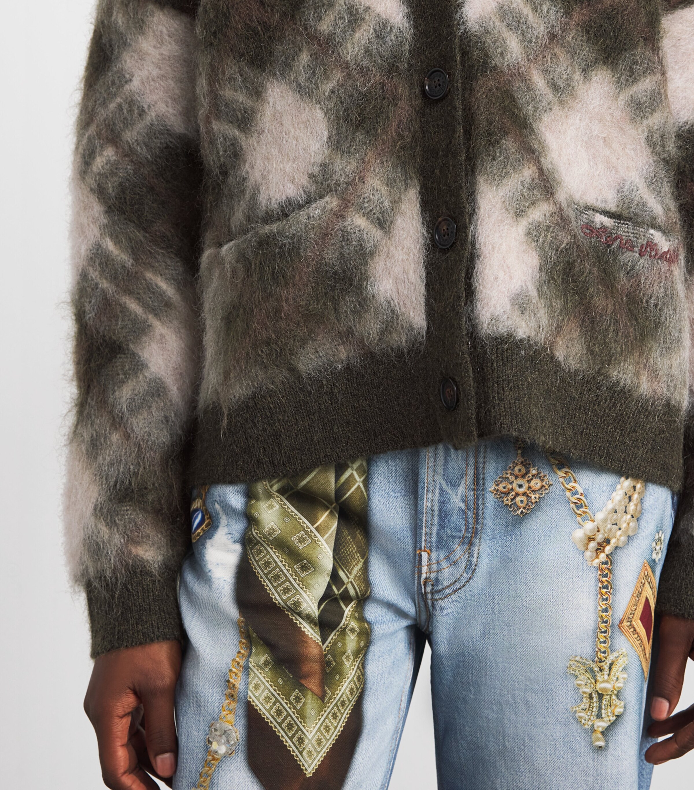 Acne Studios Womens Argyle V-Neck Knit Cardigan Olive Green/multi Image 3