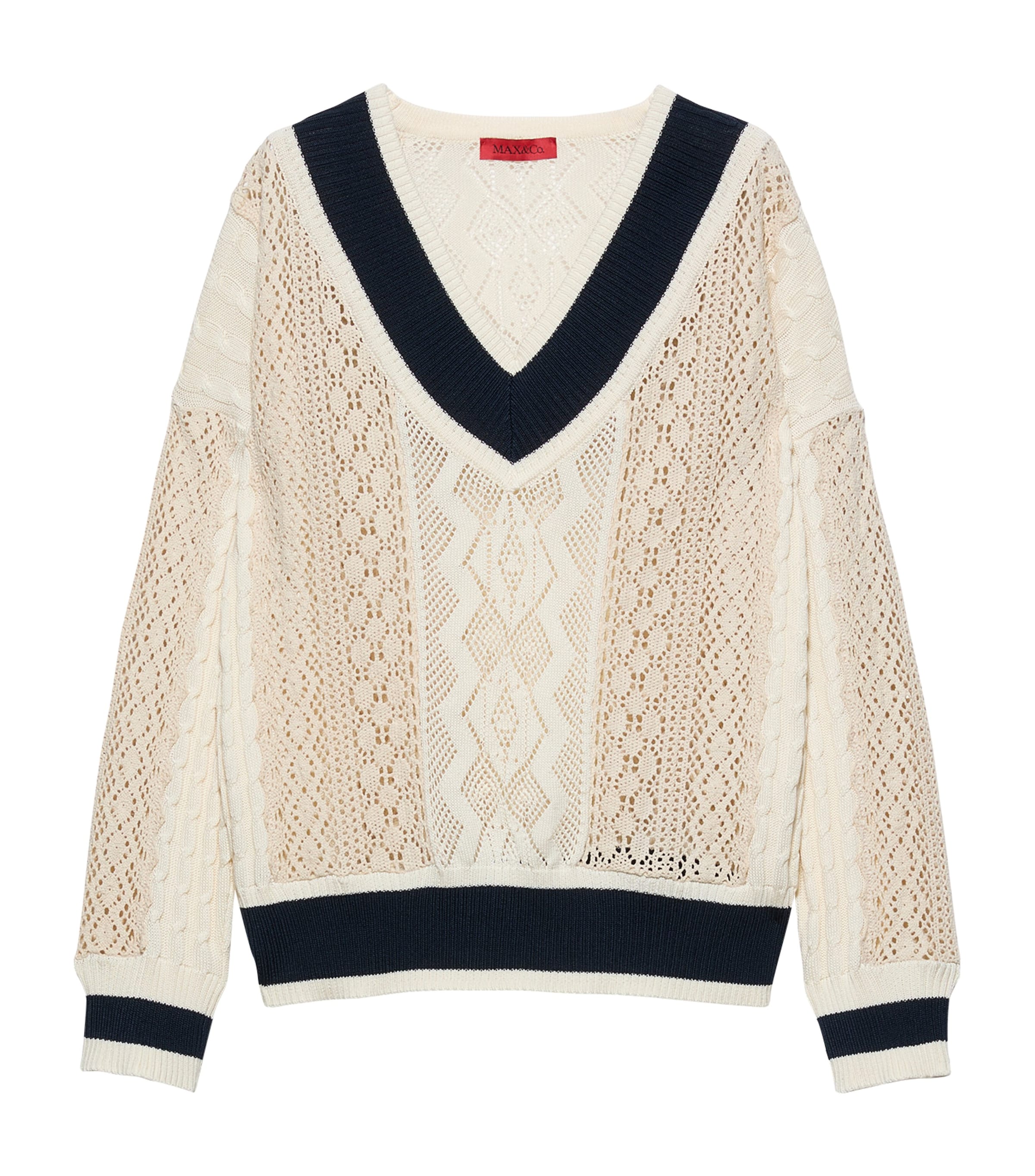 MAX&Co. Womens Cotton Crochet V-Neck Sweater Milk Image 1