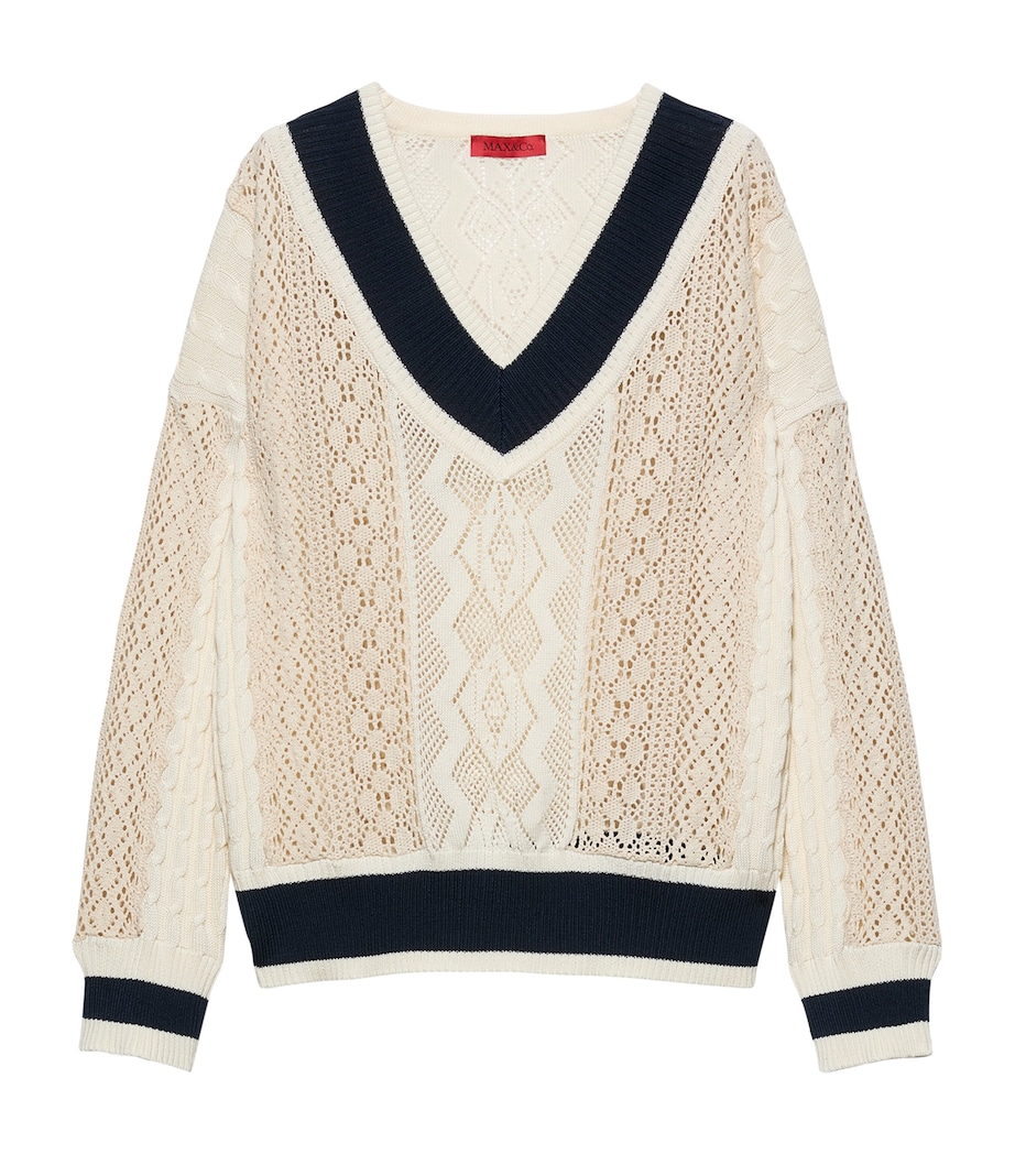 MAX&Co. Womens Cotton Crochet V-Neck Sweater Milk Image 1