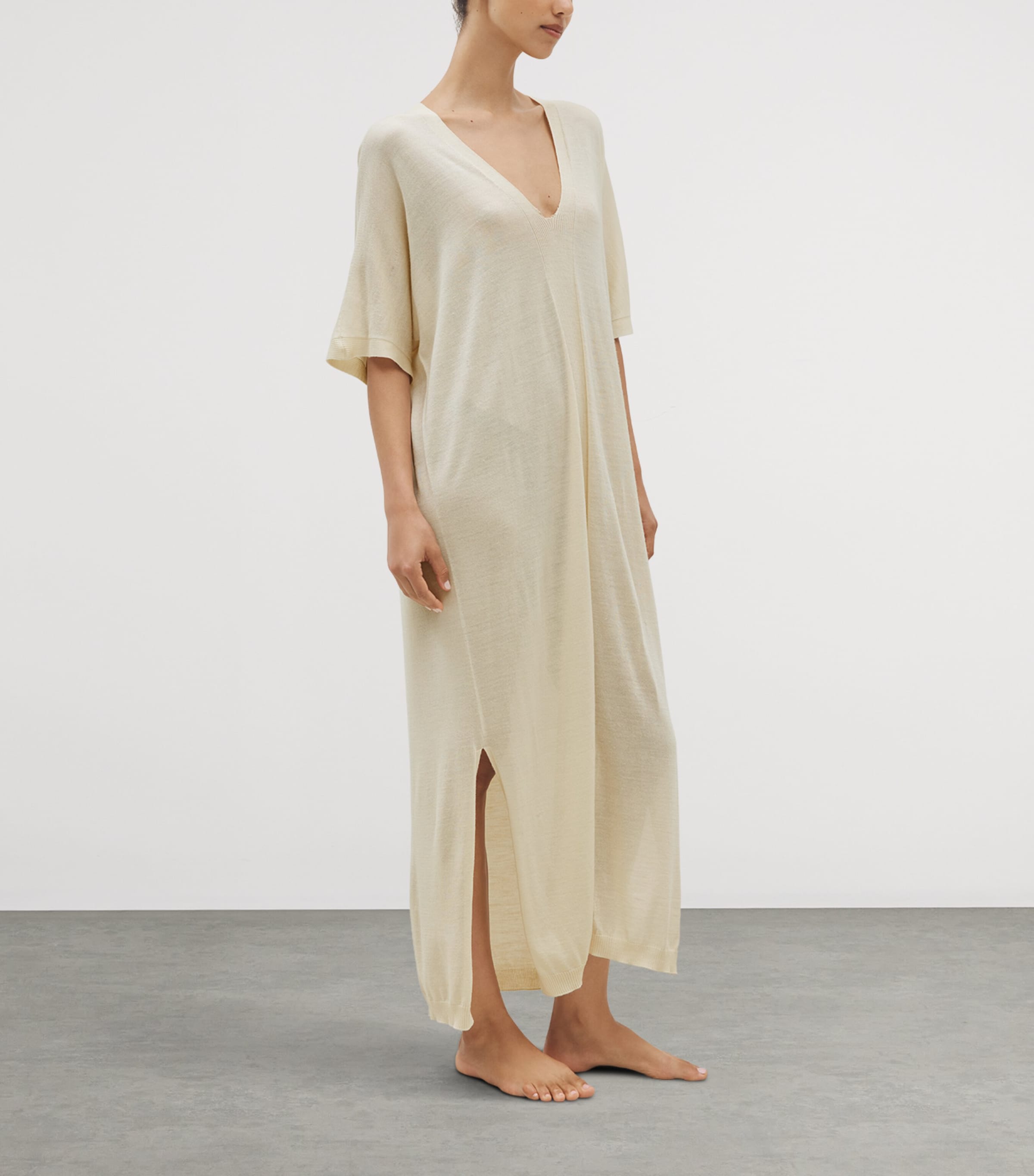 SHLEEP Womens Merino-Silk V-Neck Kaftan Ivory Tusk Image 5