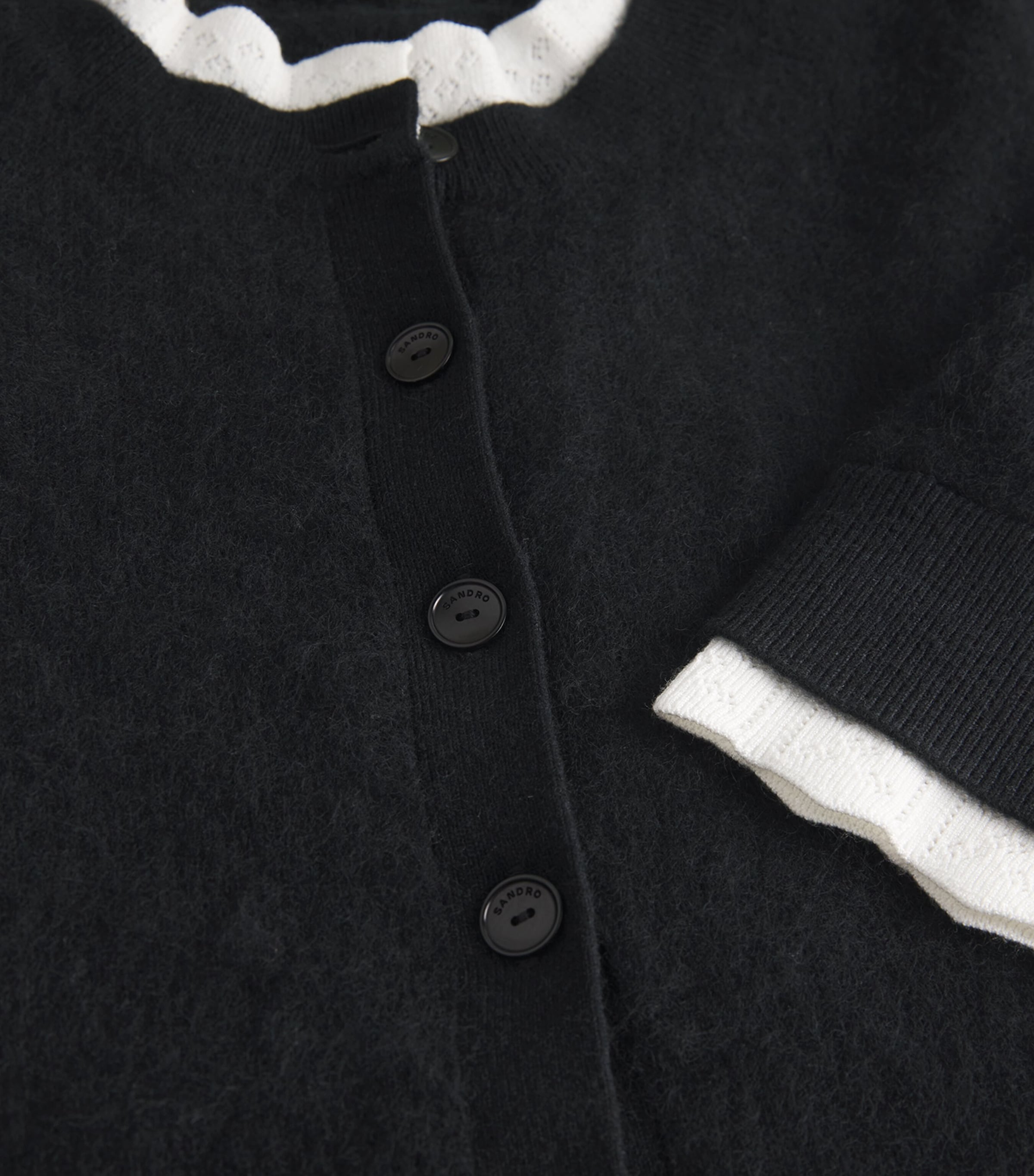 Wool Pointelle-Collar Cardigan BLACK Image 5