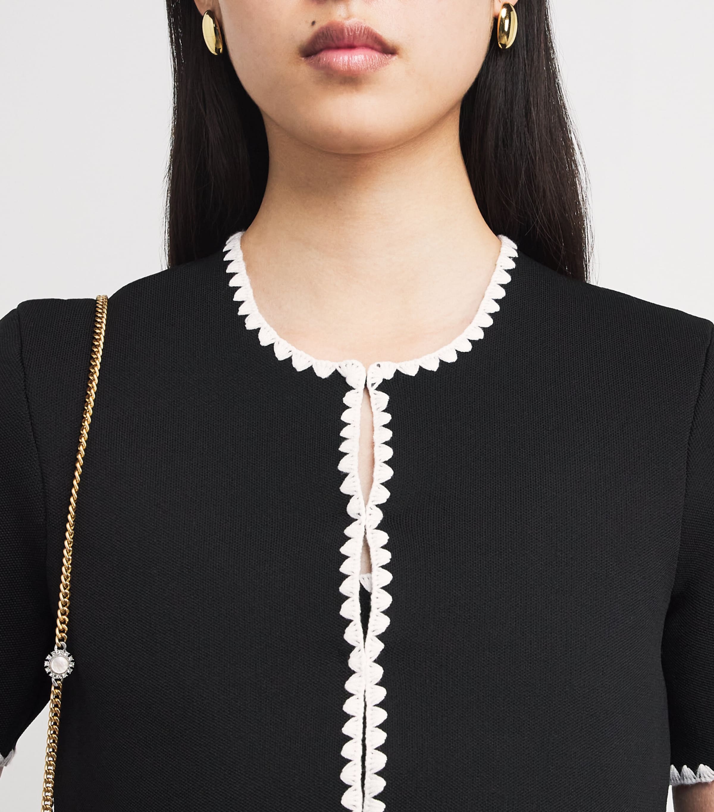Cropped Contrast-Dot Cardigan BLACK Image 6