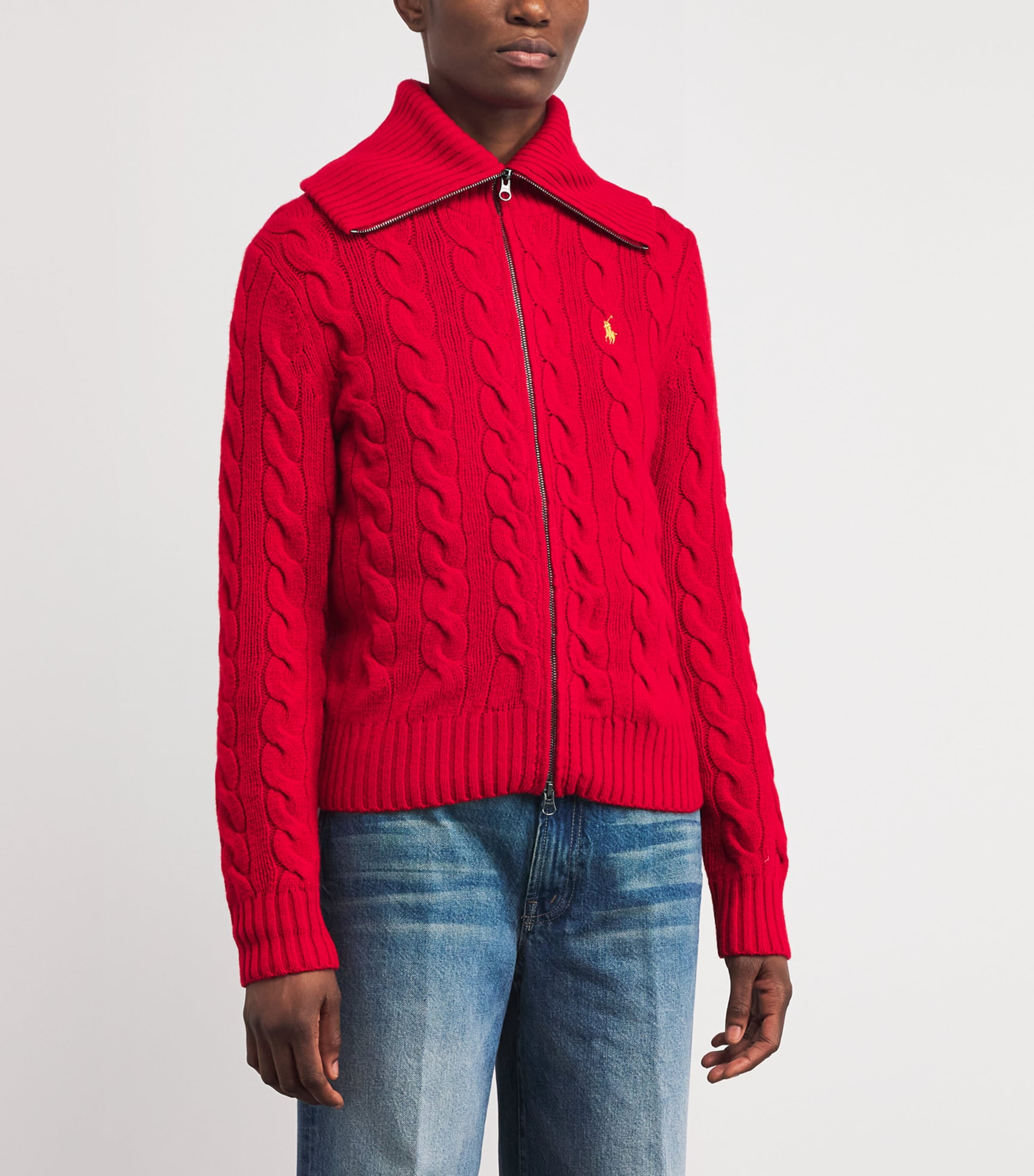 Cotton Cable-Knit Zip-Up Sweater RL2000 RED Image 3