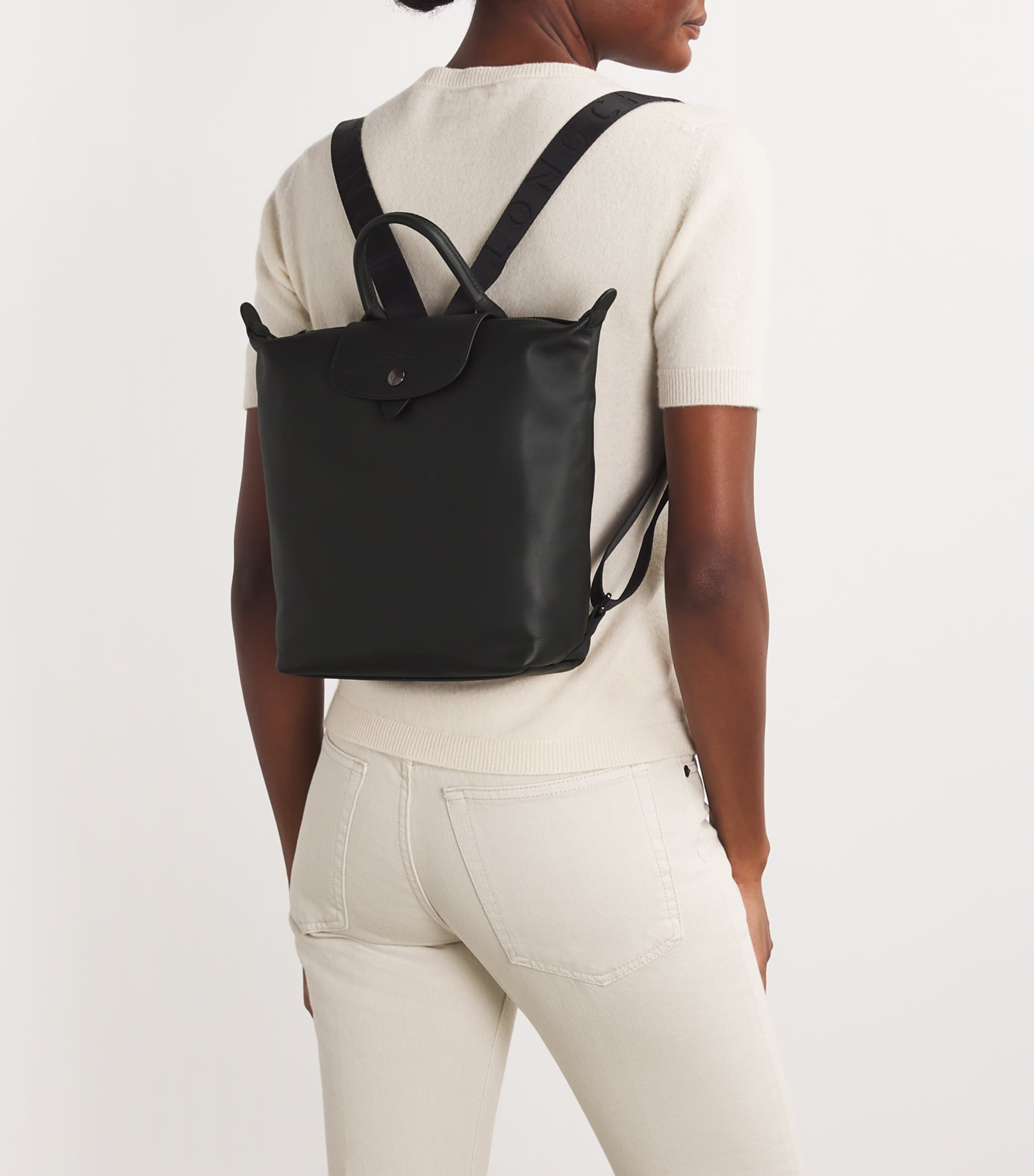 Longchamp black leather backpack online