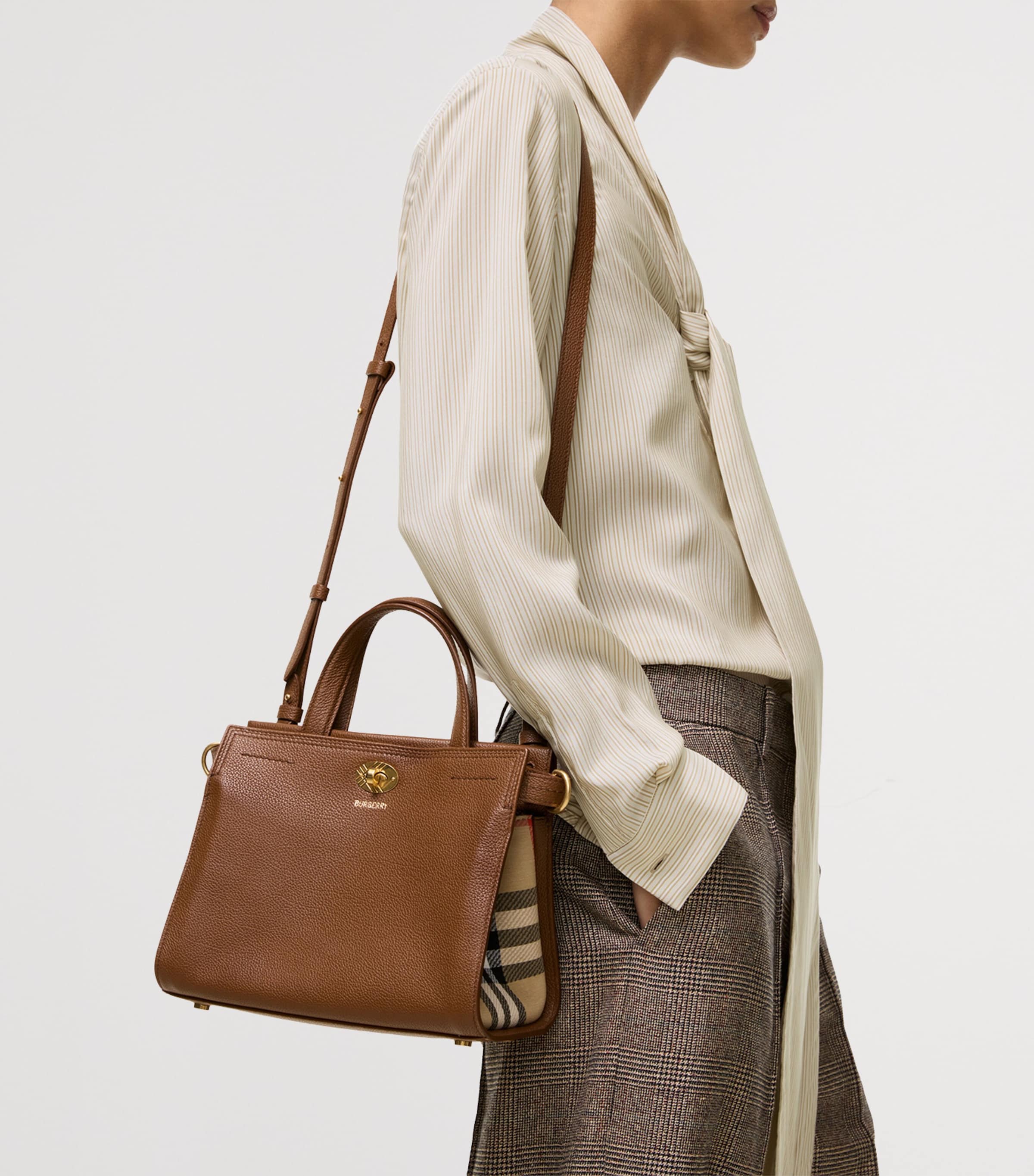 Burberry Womens Mini Leather Cotswolds Check Tote Bag Hazel Image 2