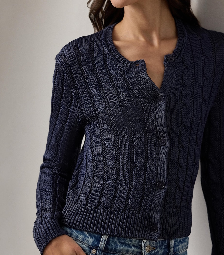 Silk Cable-Knit Cropped Cardigan NAVY-410 Image 5