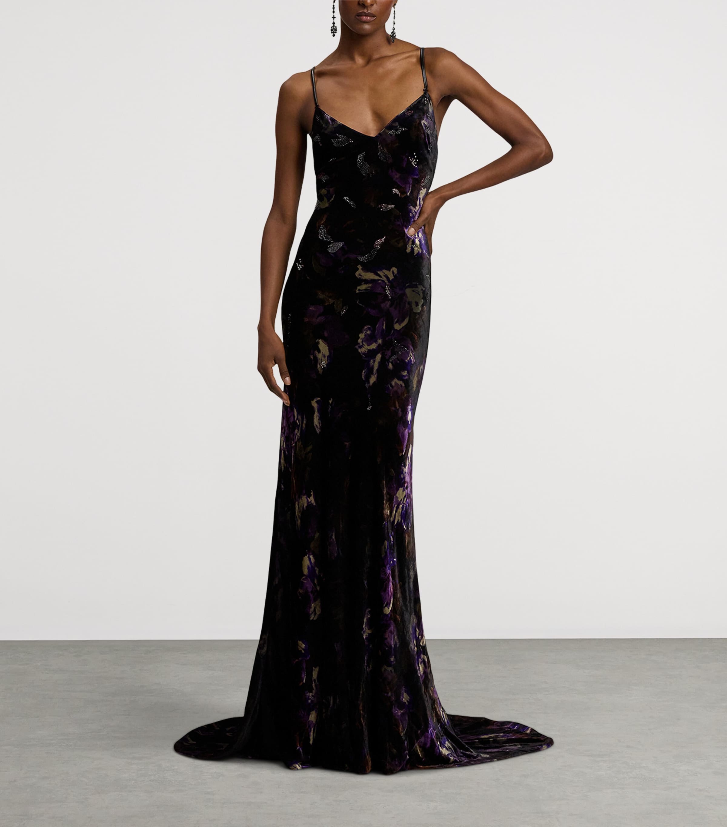 Velvet Embellished Floral Evening Dress BLACK/AUBERGINE Image 10