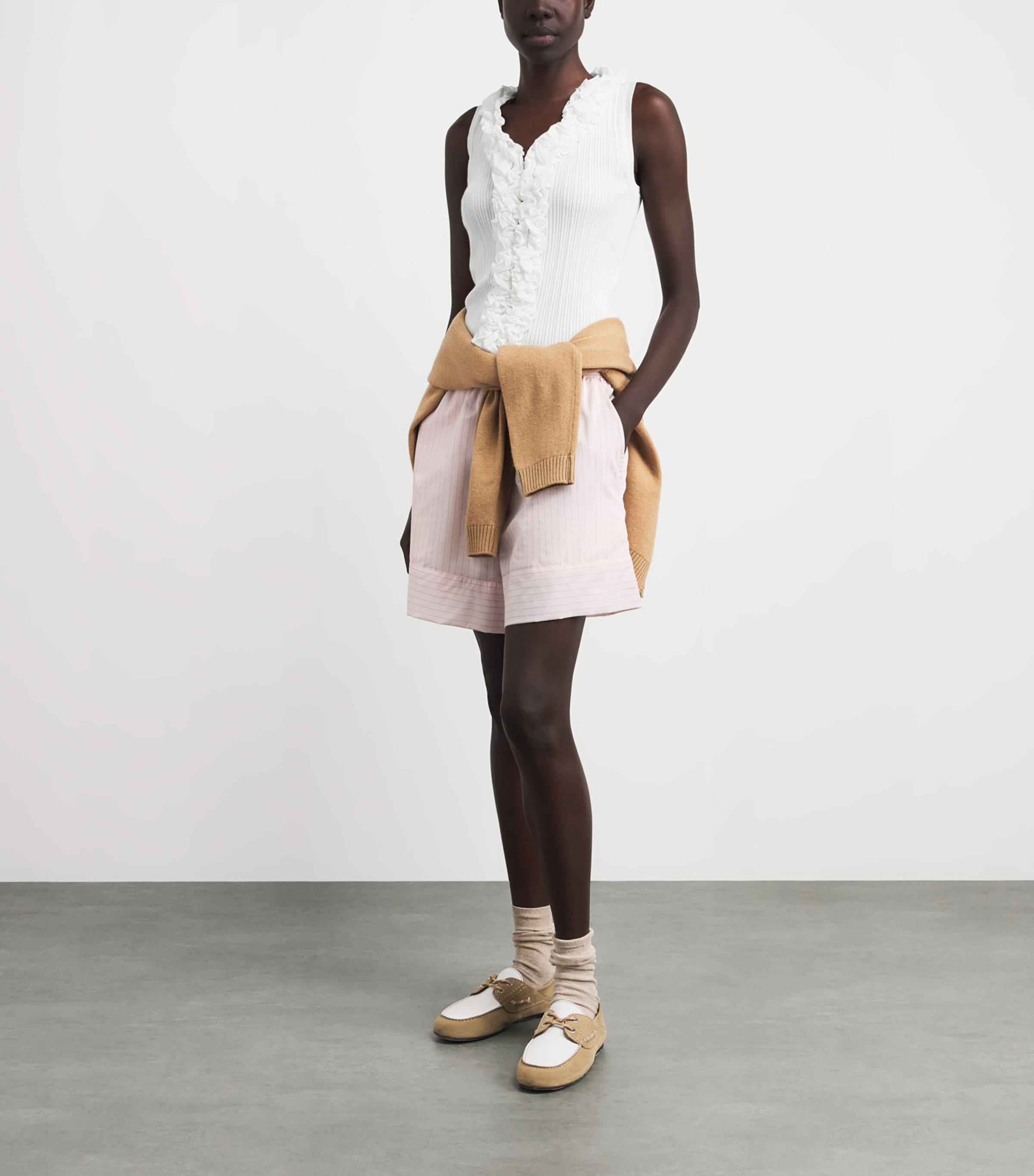 Claudie Pierlot Womens Ruffle-Trim Ribbed Tank Top White Image 2