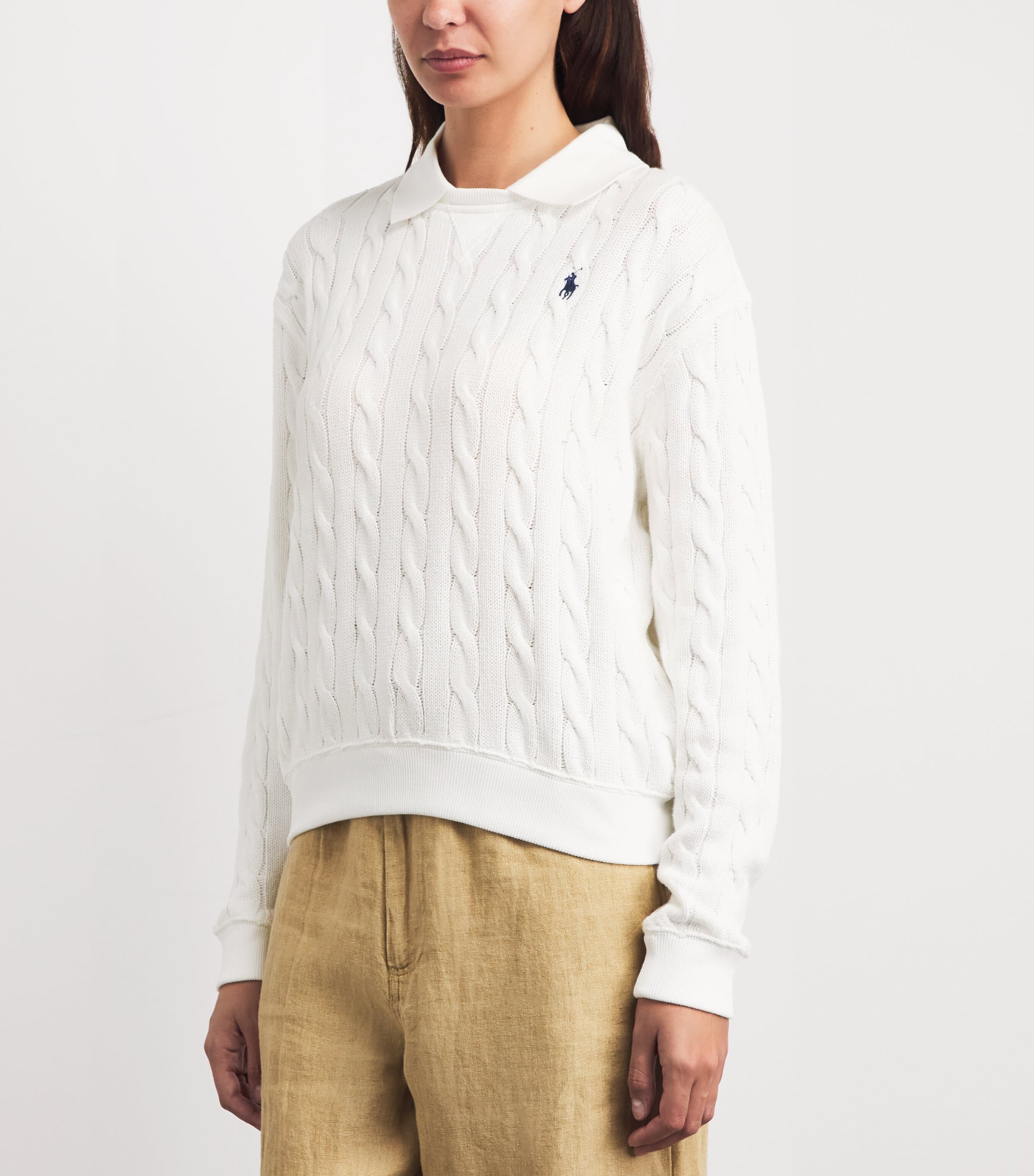 Polo Ralph Lauren Womens Cotton Cable-Knit Polo Collar Sweater White Image 4
