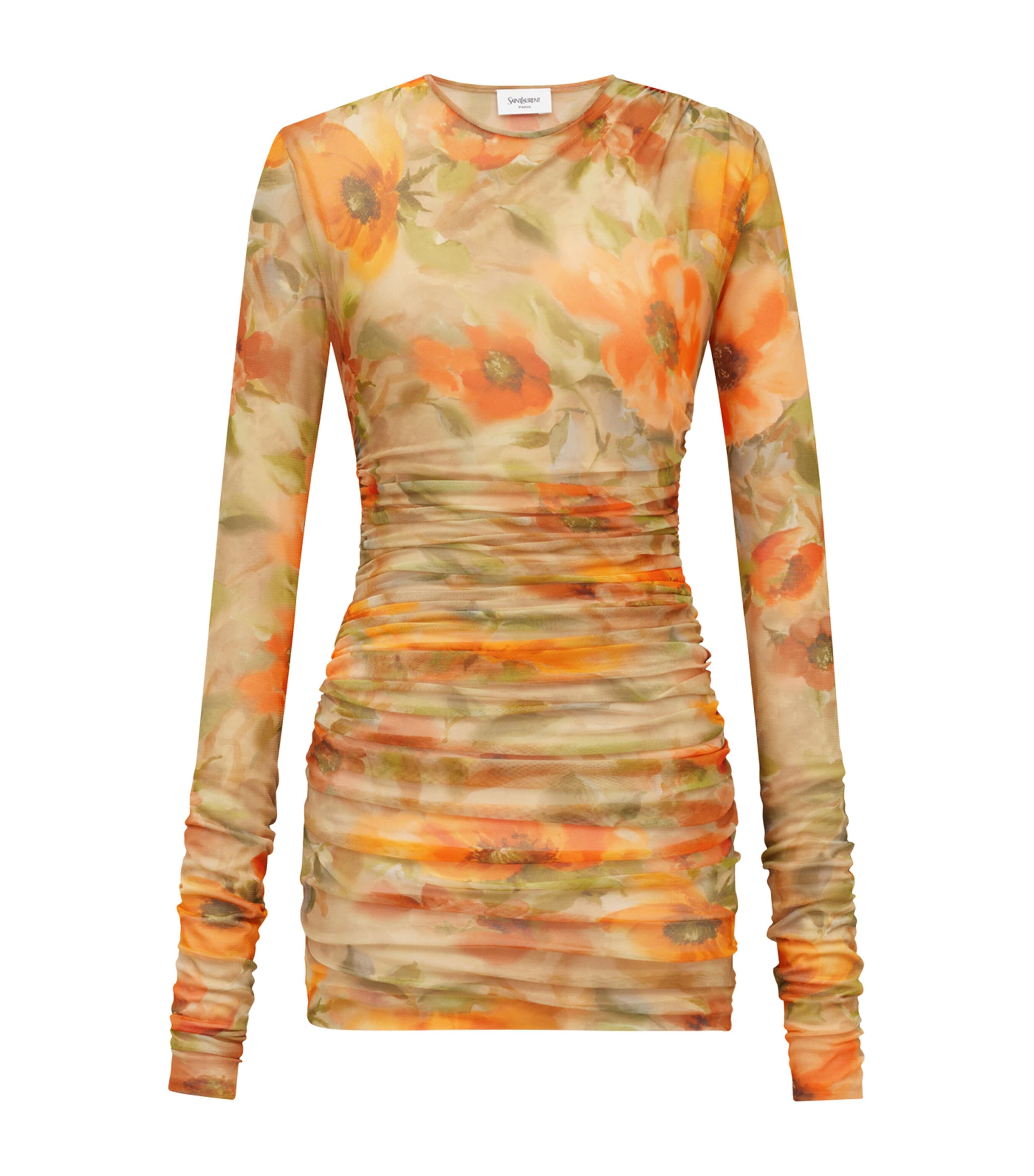 Saint Laurent Tulle Floral Mini Dress In Orange