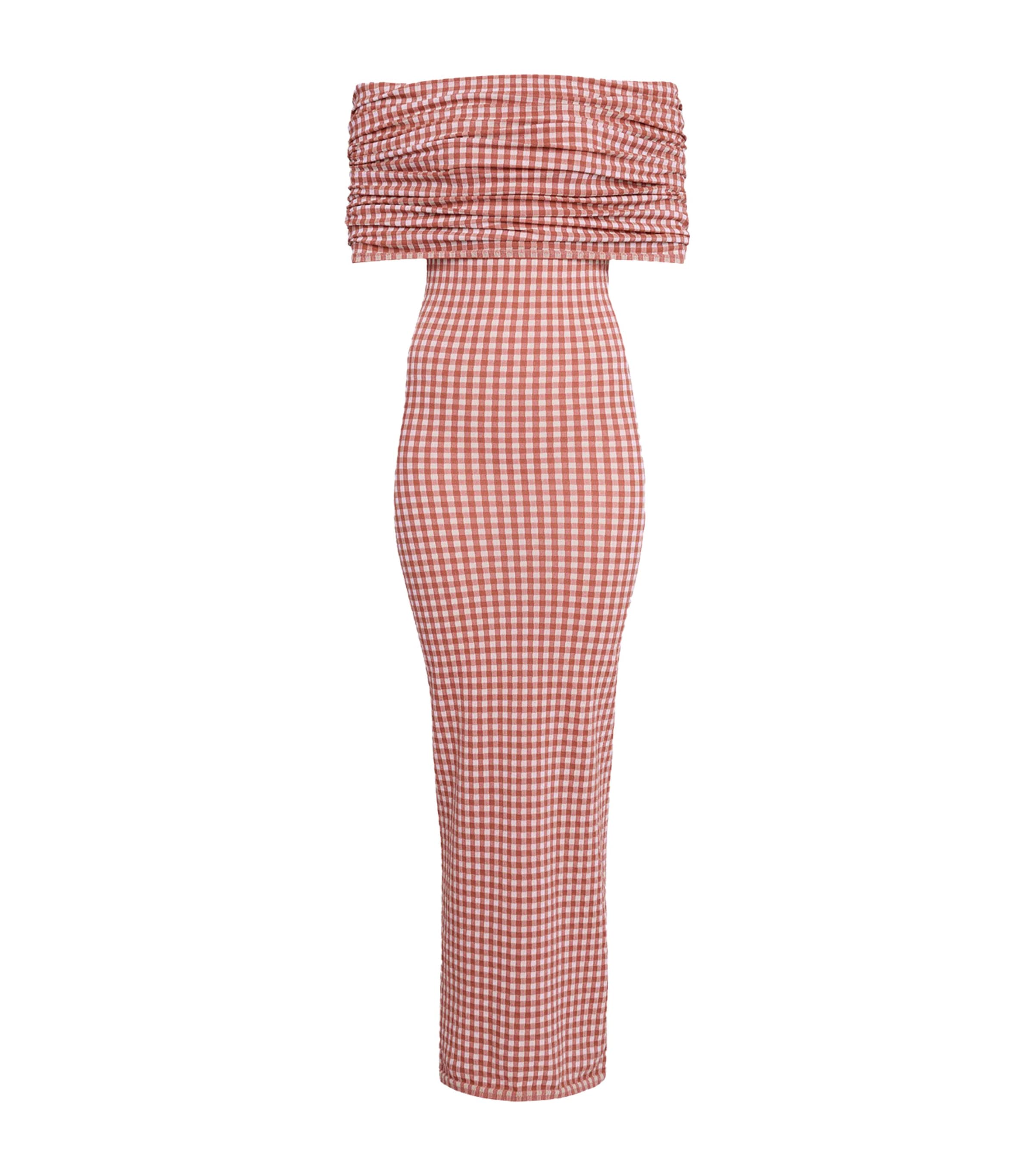 Alaïa Gingham Off-the-shoulder Midi Dress In Brown