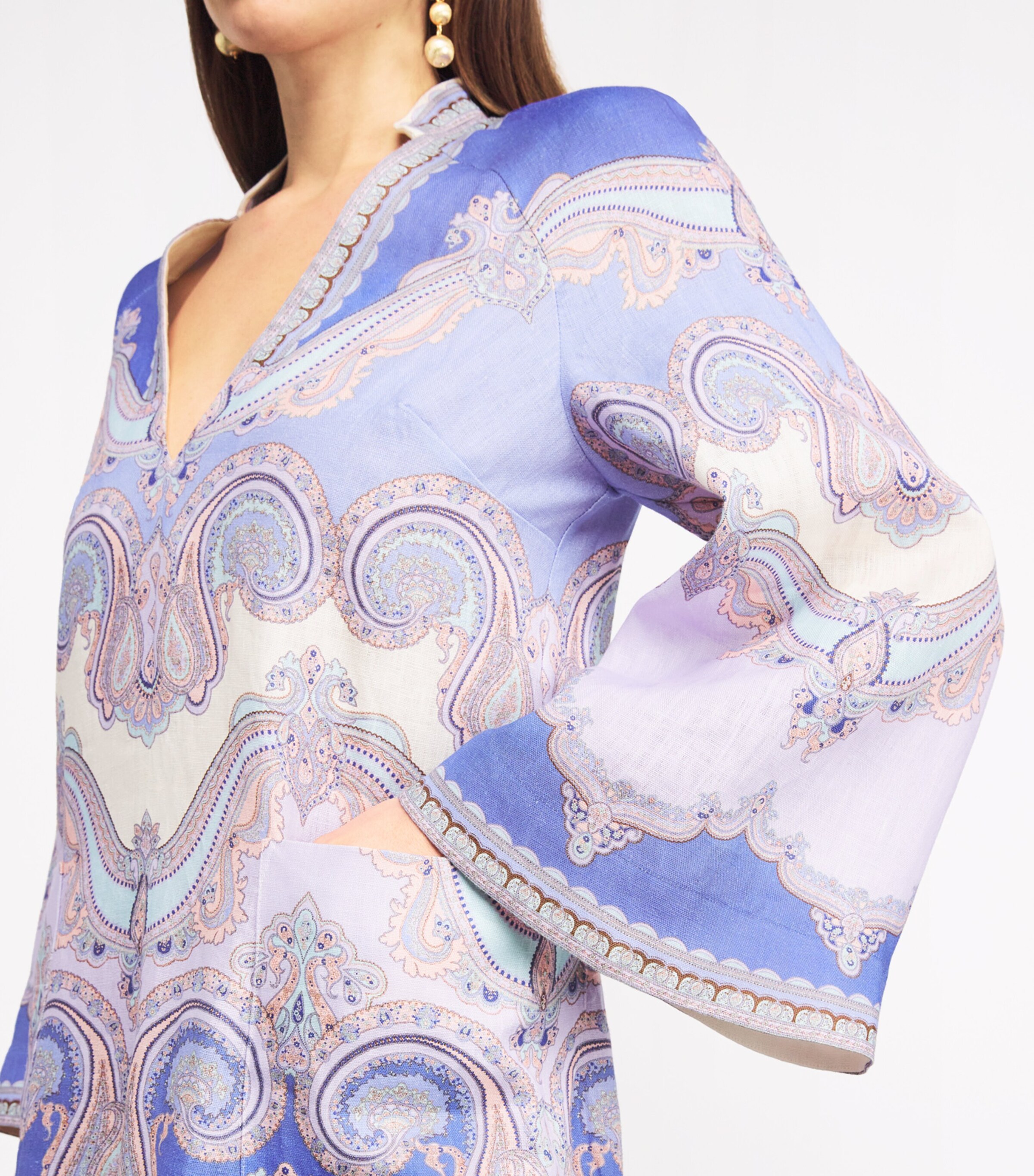 Zimmermann Womens Linen V-Neck Kaftan Midi Dress Cornflower Paisley Image 6