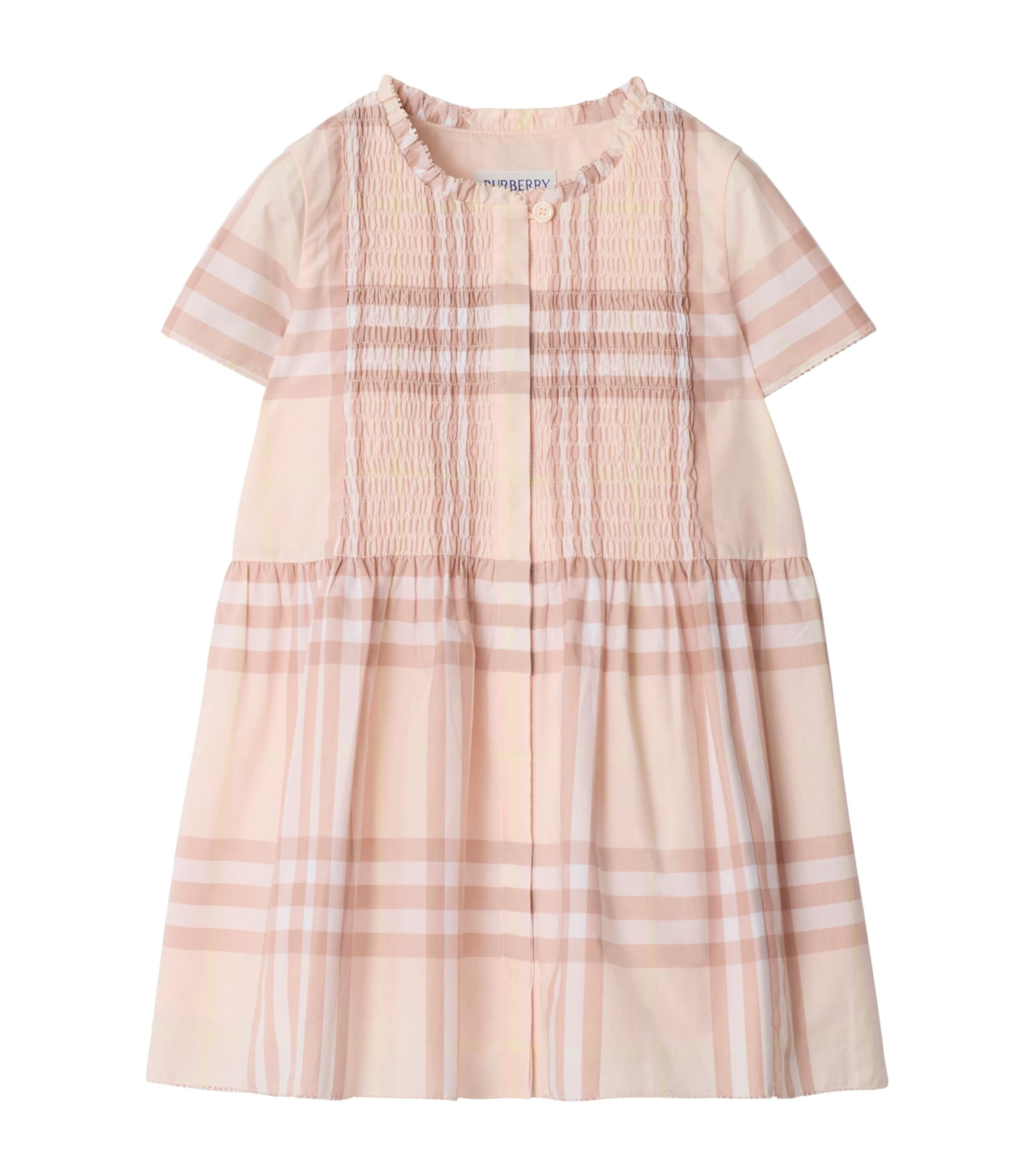 Burberry Girl's Rose Check Smocked Poplin Cap-sleeve Dress In Pink