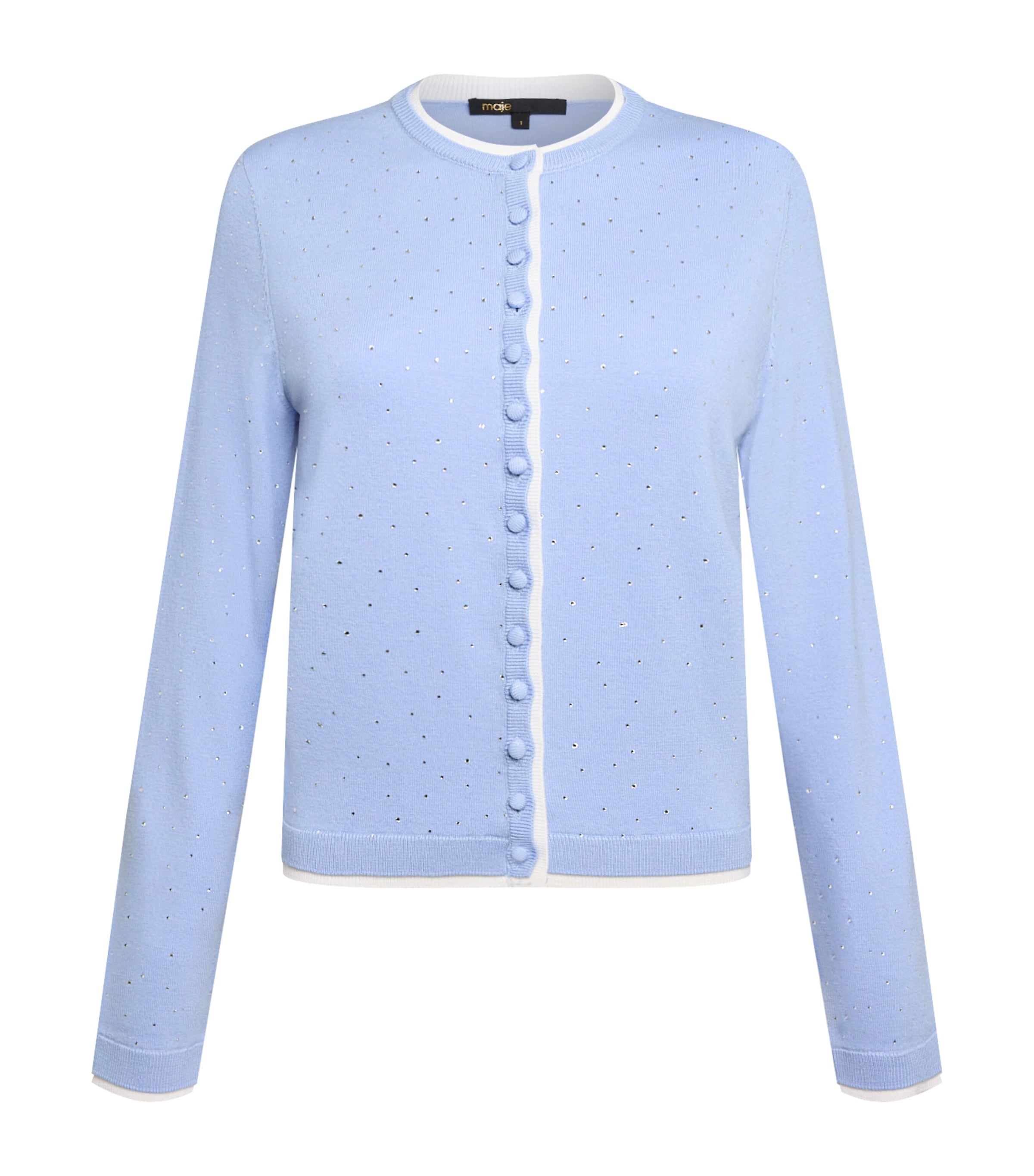 Maje Womens Blue Rhinestone-embellished Contrast-trim Stretch Wool-blend Cardigan In Blue