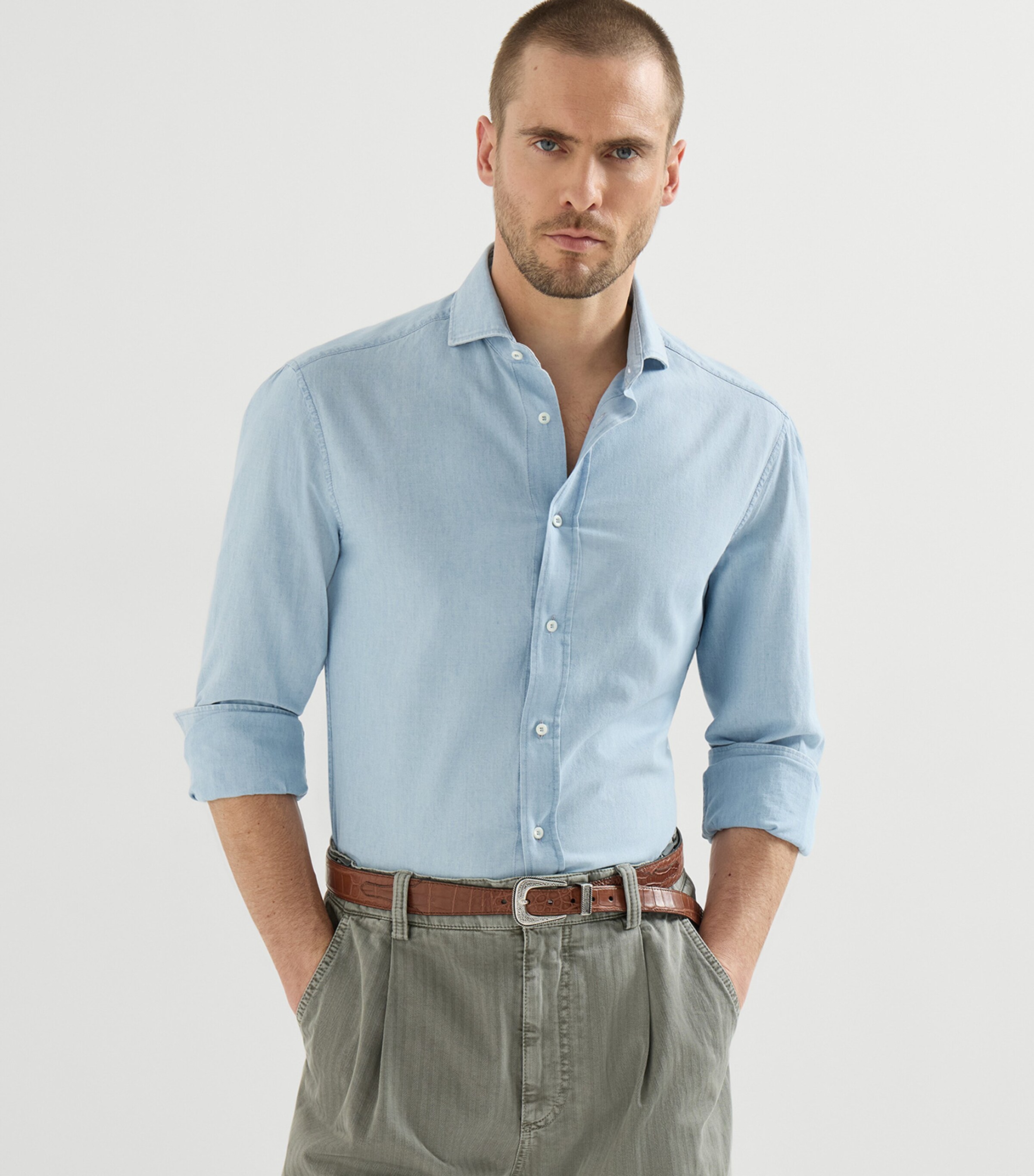 Brunello Cucinelli Mens Denim-Effect Chambray Shirt Image 2