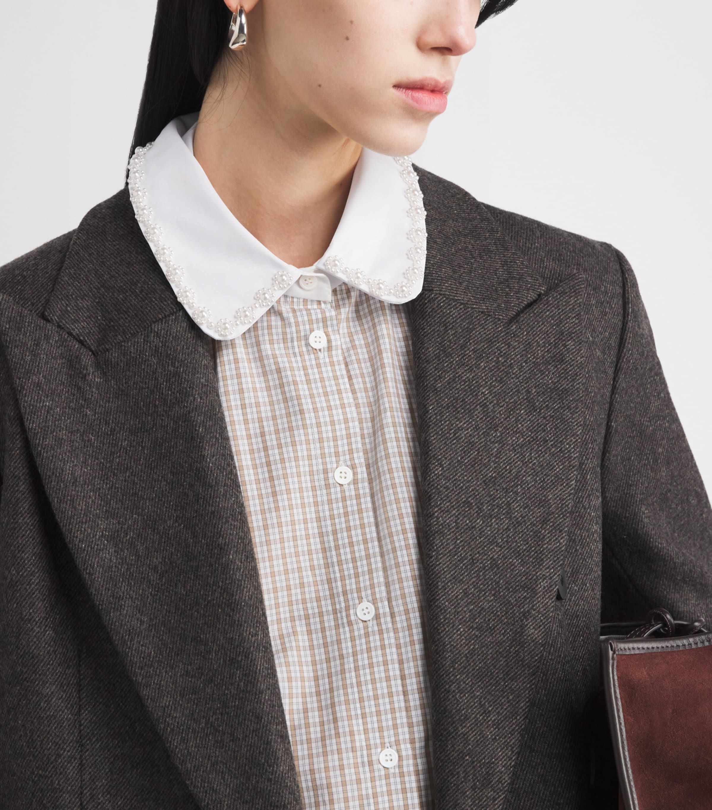 Cotton Check Embellished Shirt BEIGE / WHITE Image 6