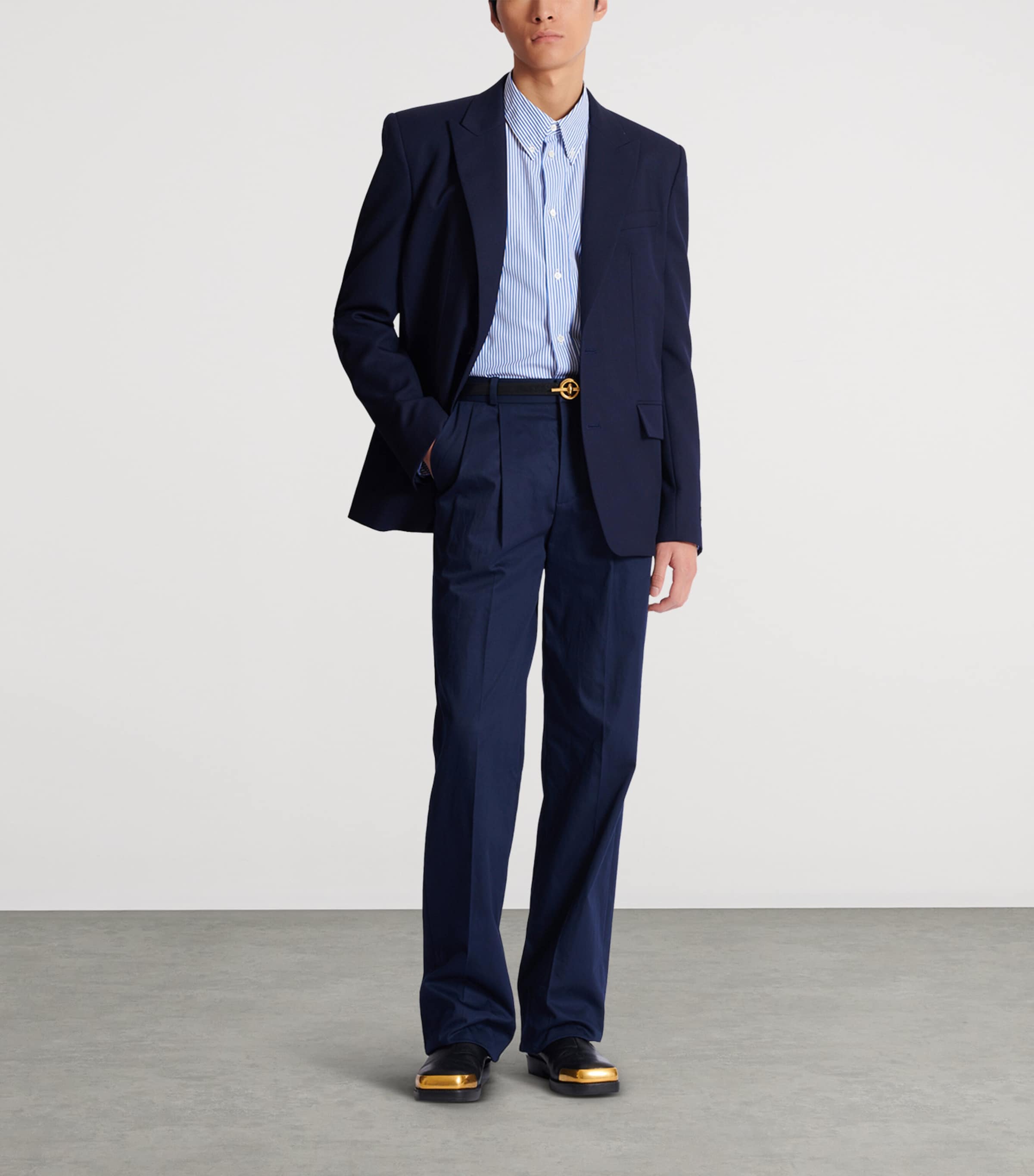 Cotton Pleated Flared Trousers 6UB MARINE Image 3