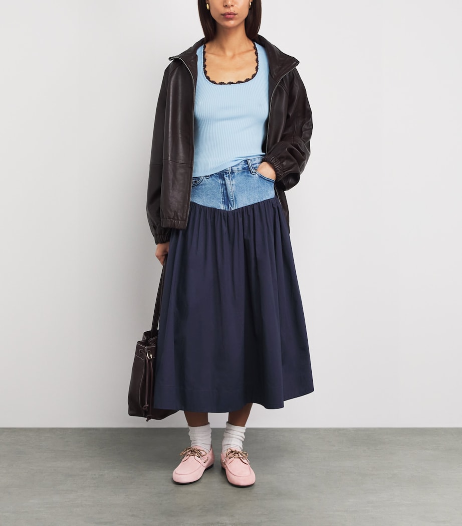 Sandro Paris Womens Denim-Poplin Hybrid Midi Skirt Navy Blue Image 2