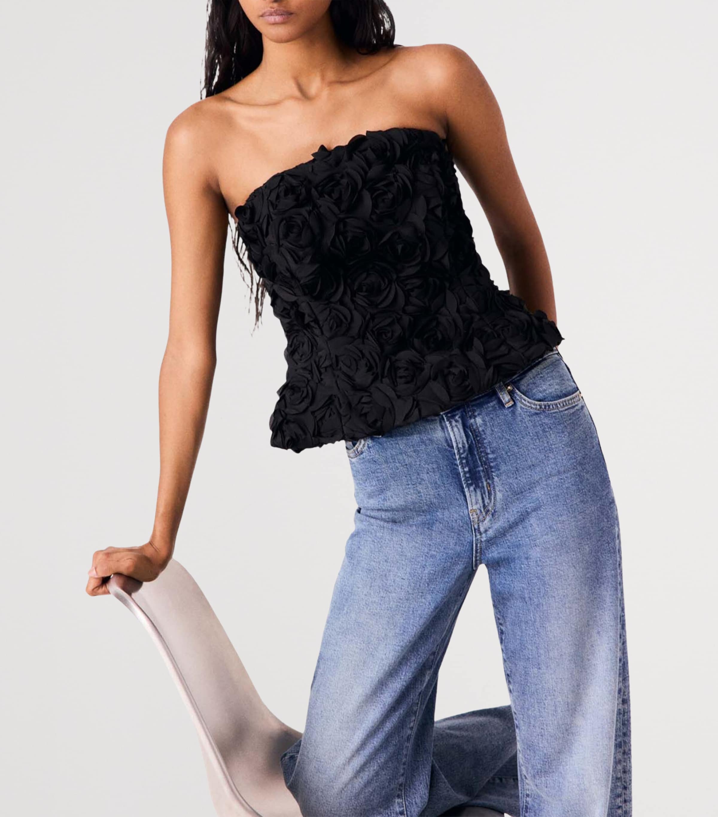 Maje Womens Flower-Embellished Bustier Top Black Image 5