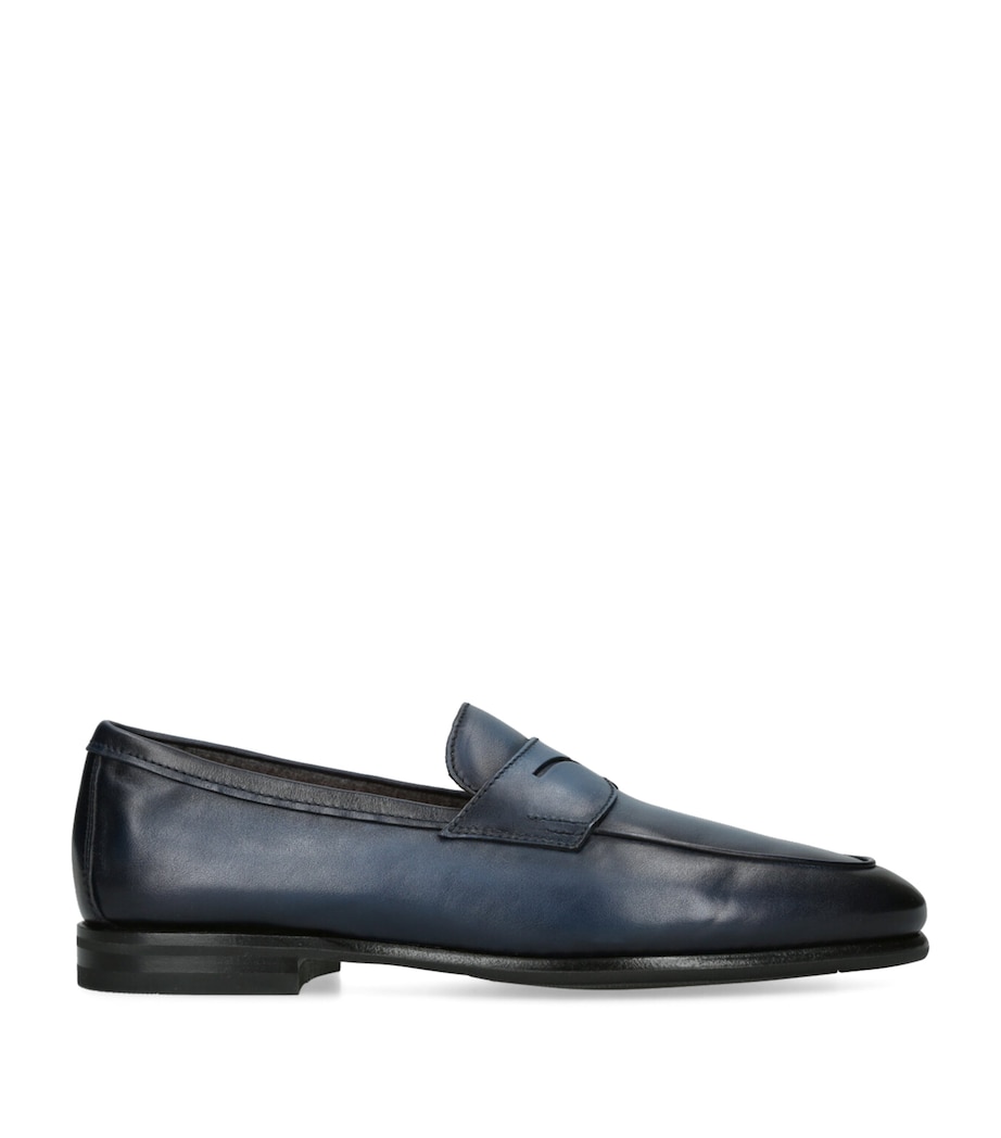 Santoni Leather Cashmere-Lined Carlos Loafers Navy Image 1