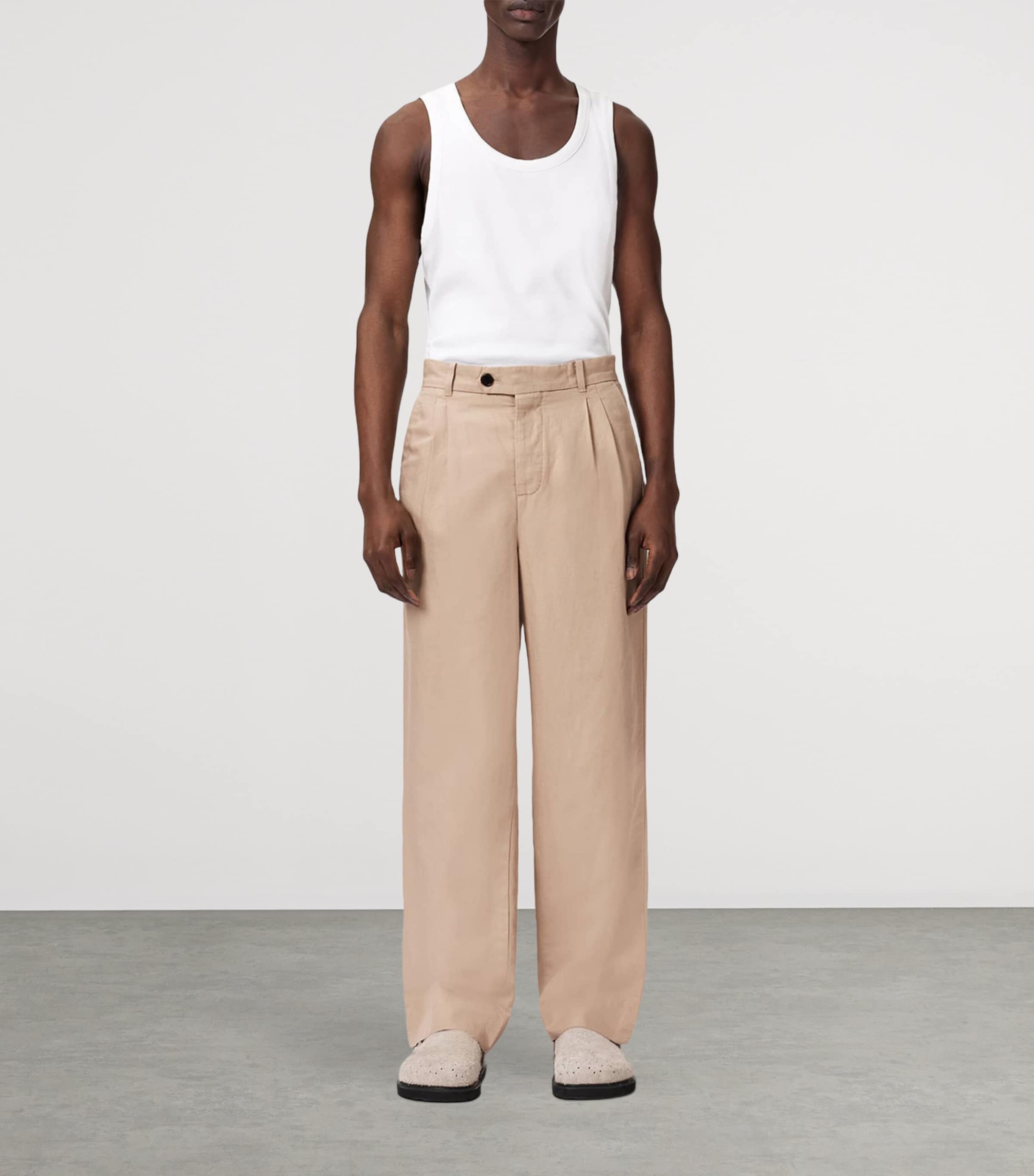 AllSaints Mens Cotton Pleated Roland Trousers Nutmeg Brown Image 2