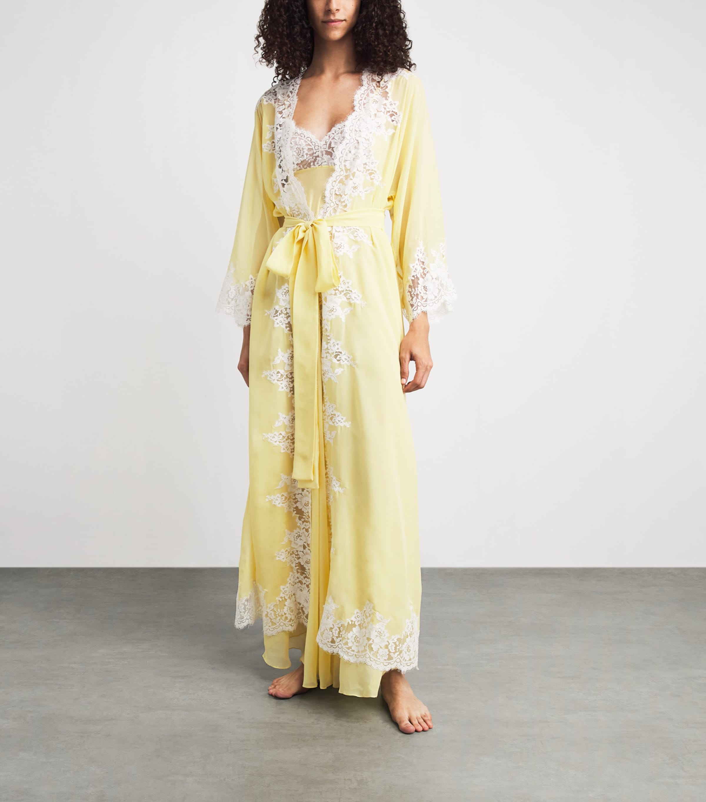 Rosamosario Womens Silk Georgette Lace La Papessa Robe Baby Yellow Image 2