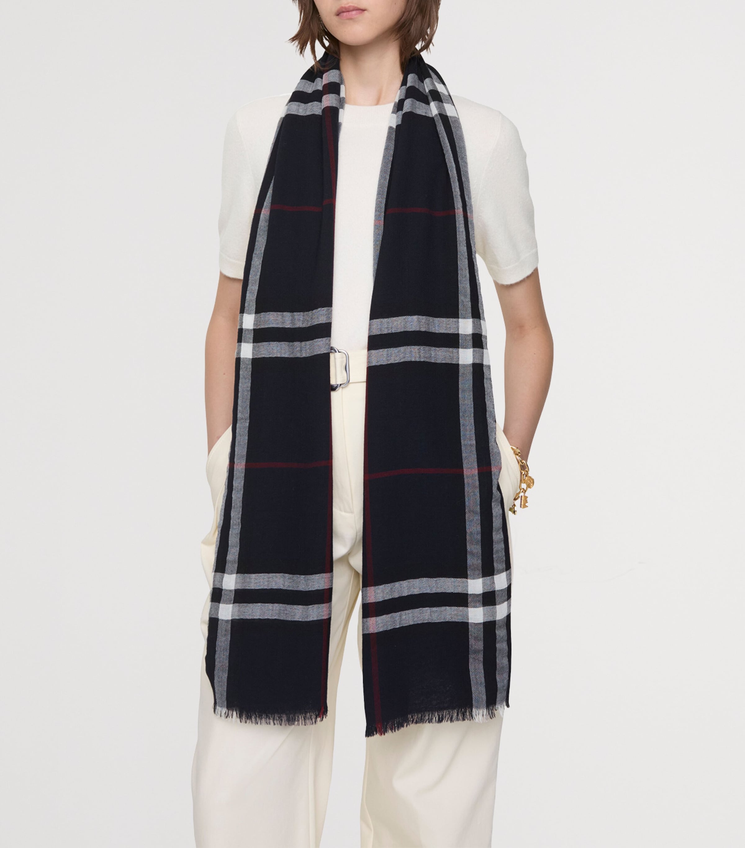 Wool Wide Check Scarf INK BLUE Image 3