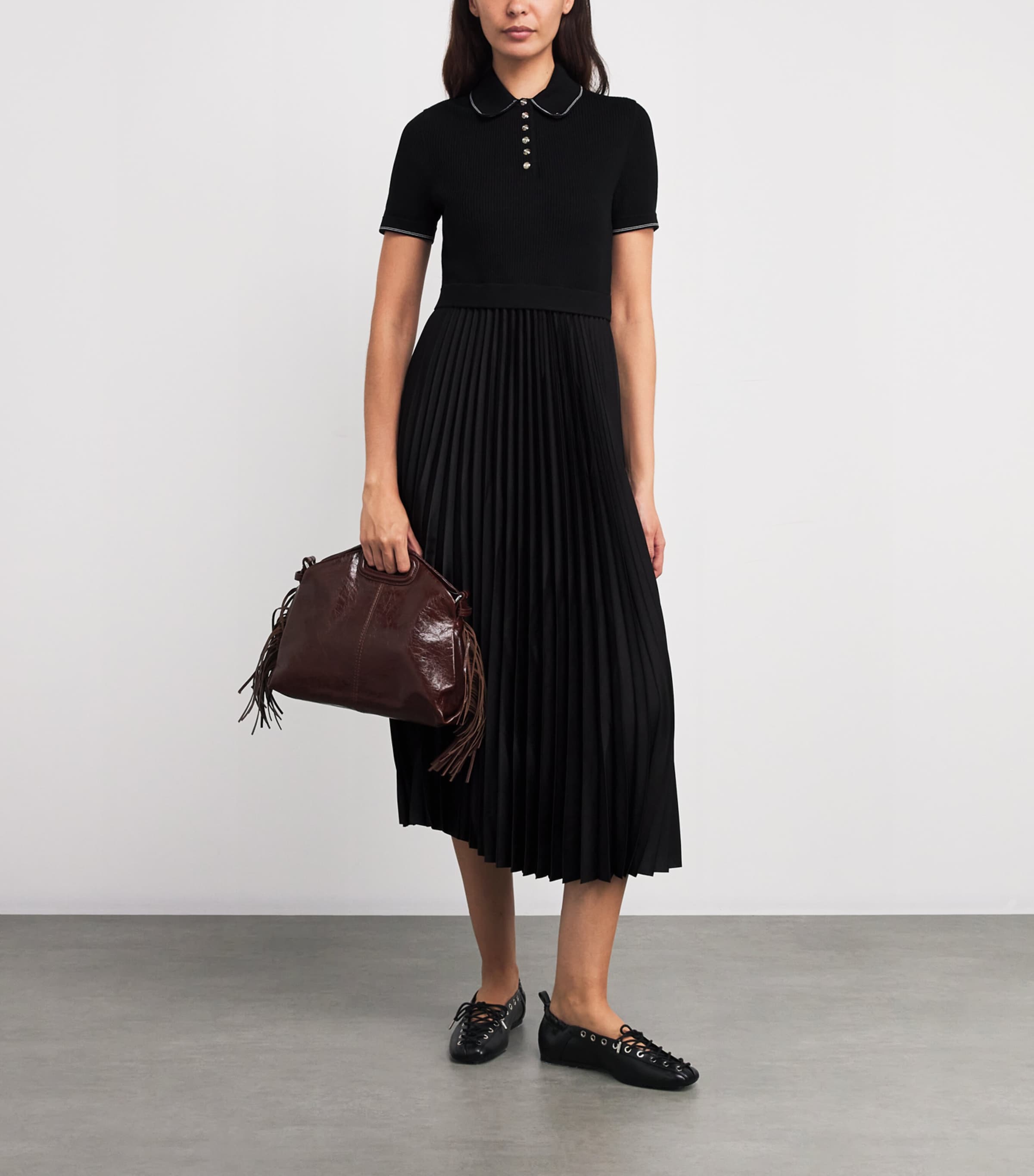 Pleated-Skirt Polo Midi Dress BLACK Image 2