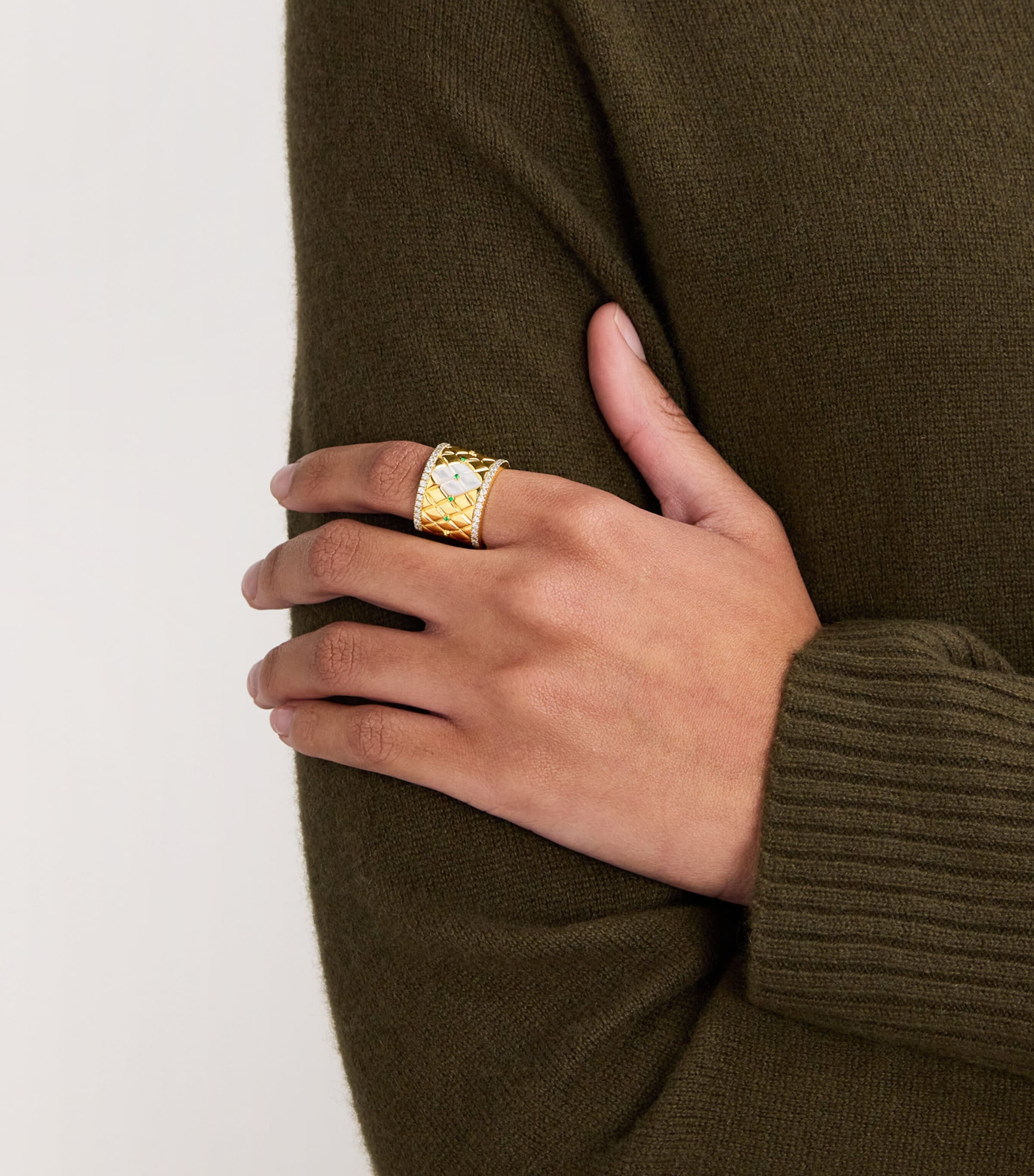 Large Yellow Gold, Diamond, Emerald and Pearl Bond Street Ring (Size 53) YELLOW GOLD Image 2