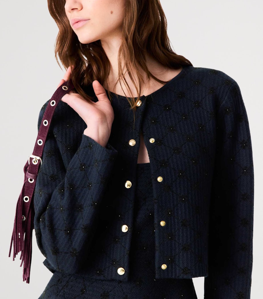 Maje Womens Embellished Jacquard Cropped Cardigan Navy Image 7