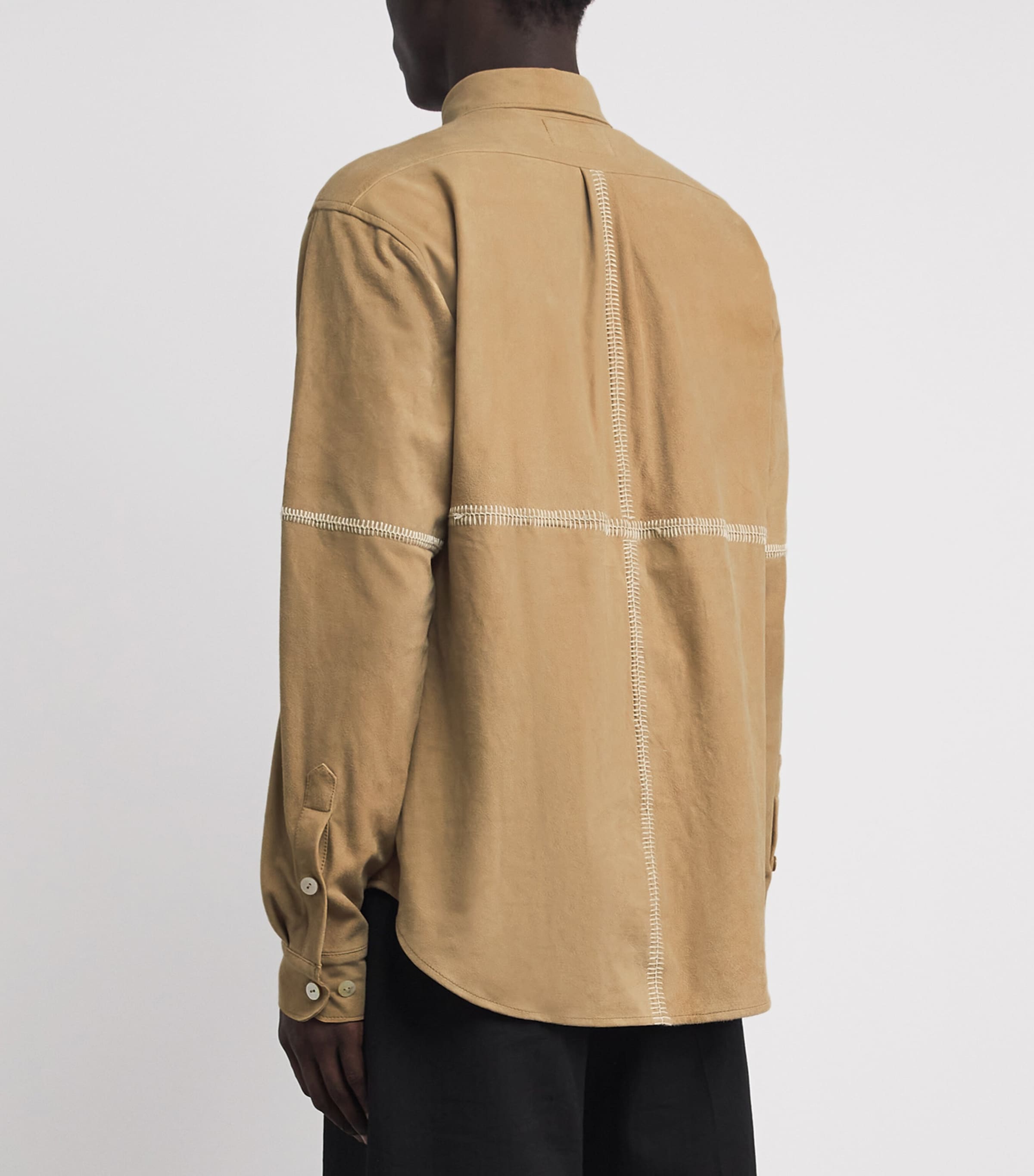 Kartik Research Mens Suede Contrast-Stitch Shirt Beige Image 5