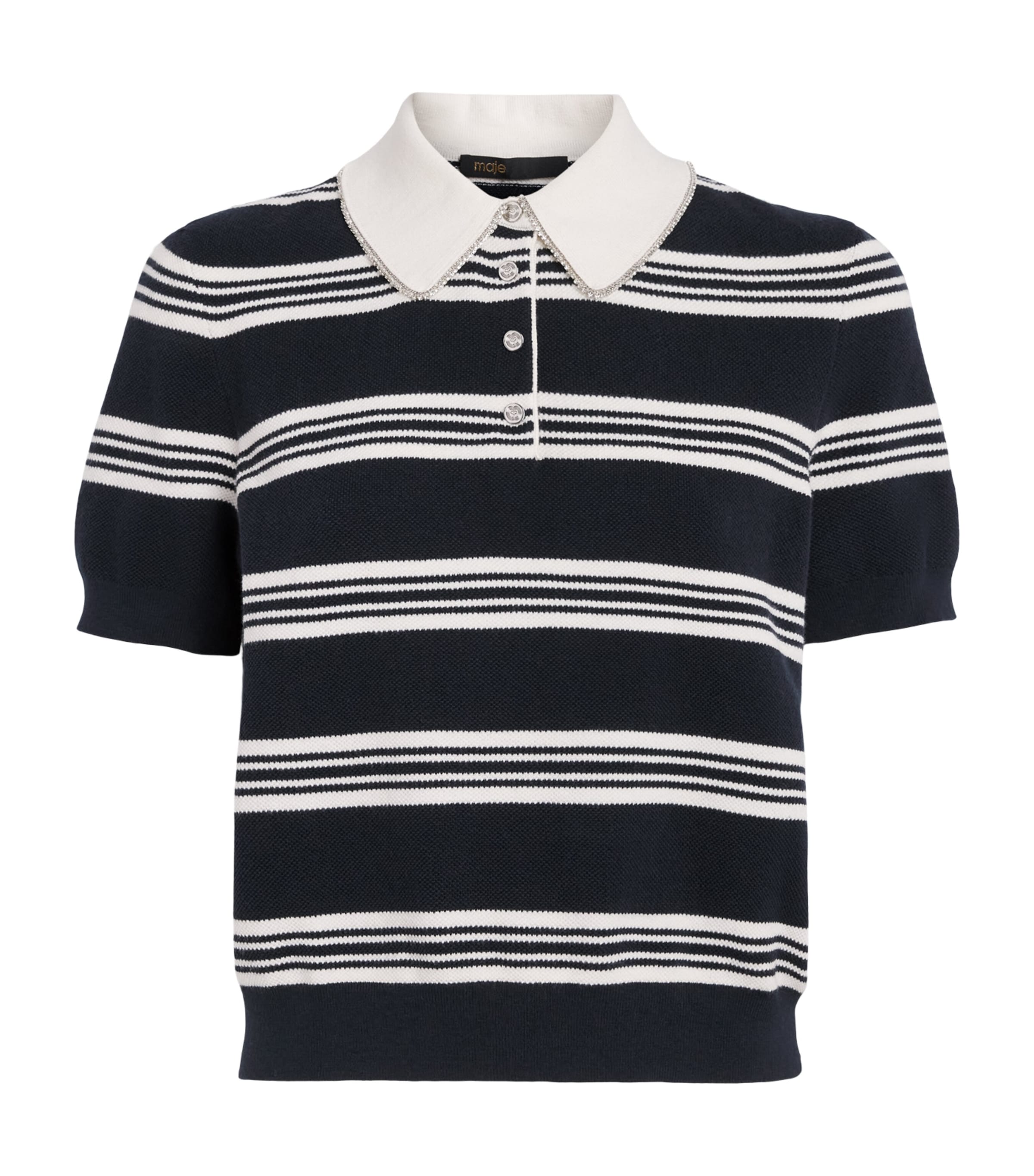 Maje Womens Embellished Stripe Polo Shirt Ecru/navy Blue Image 1