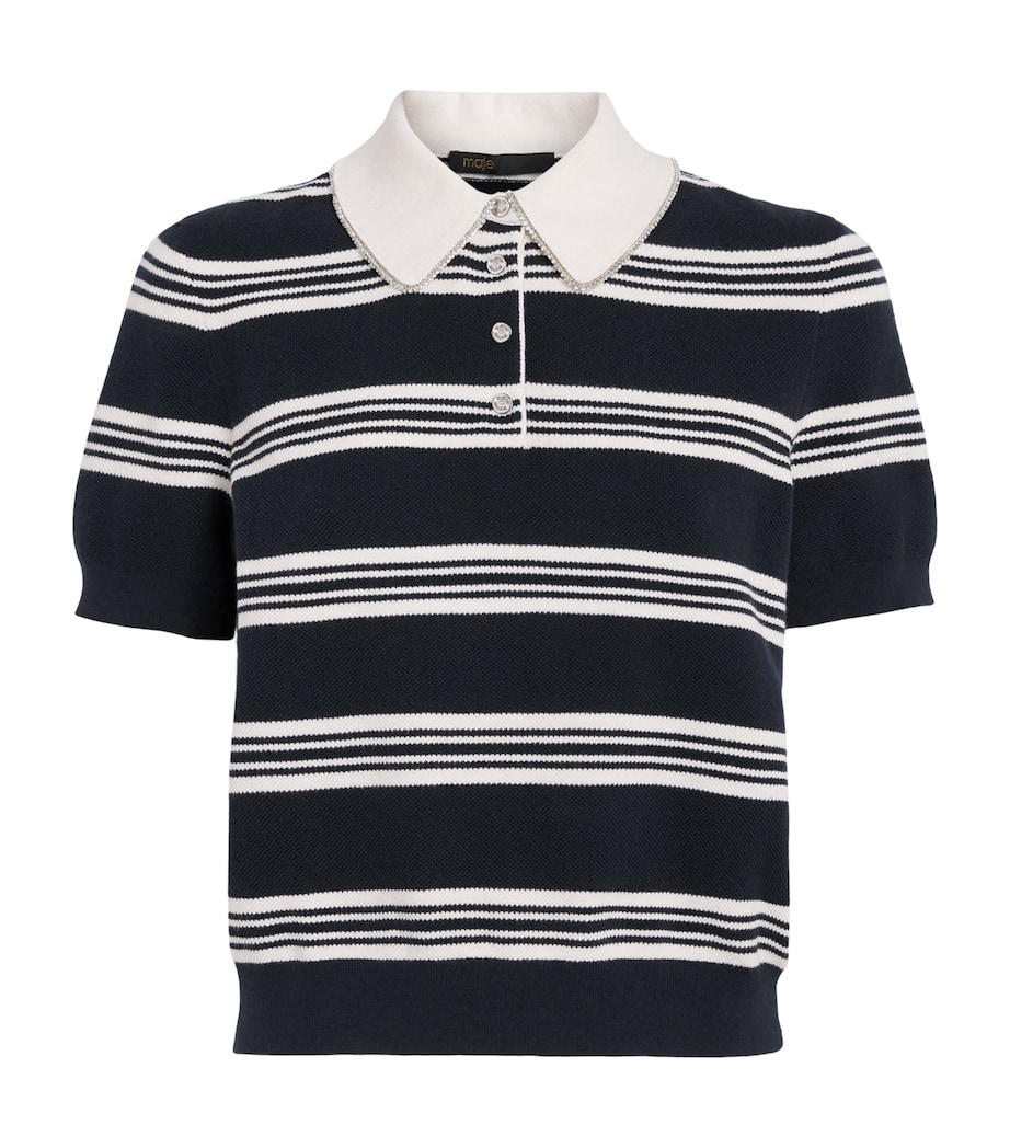 Maje Womens Embellished Stripe Polo Shirt Ecru/navy Blue Image 1
