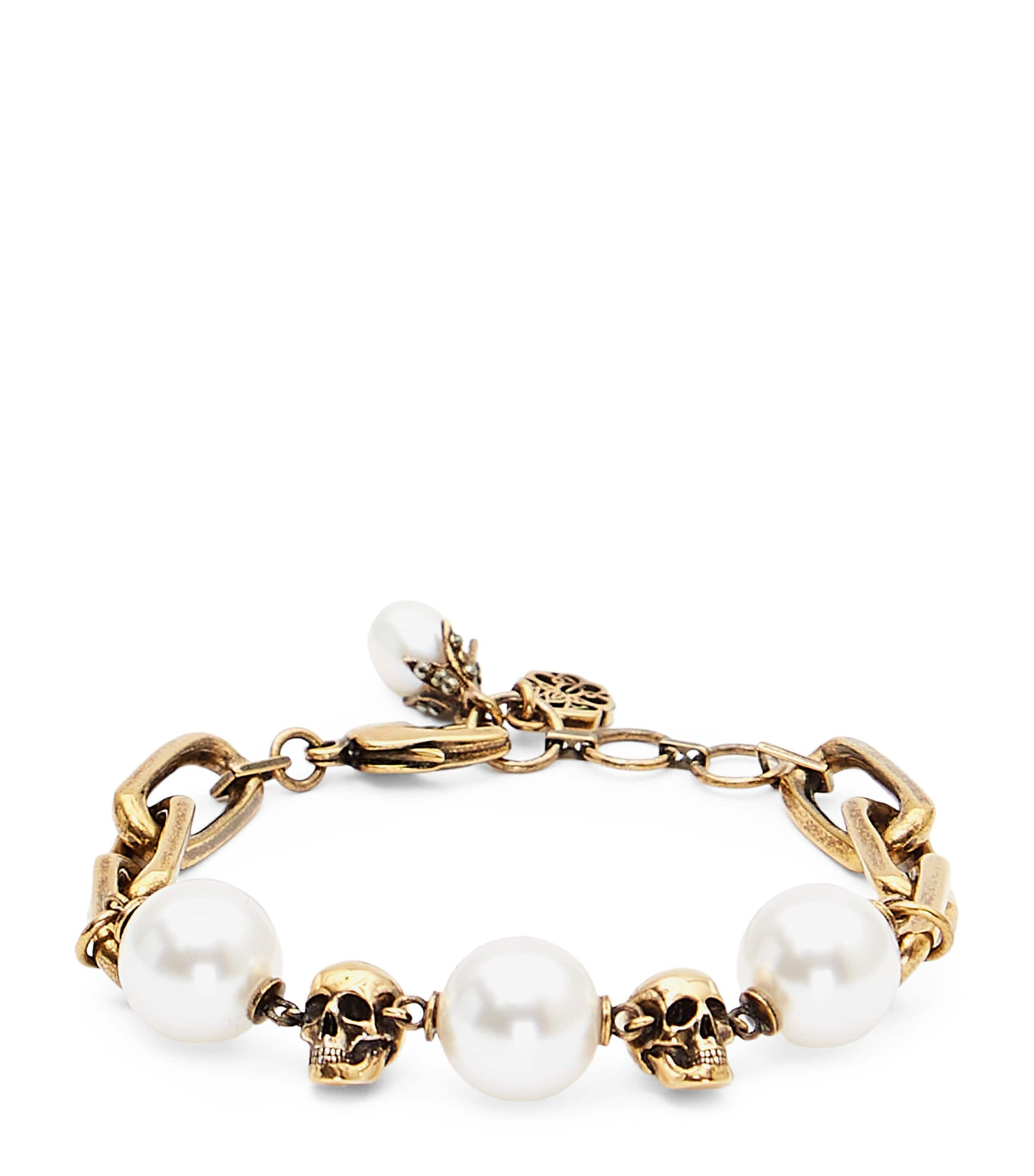 Alexander Mcqueen Faux Pearl And Skull Bracelet In Gold