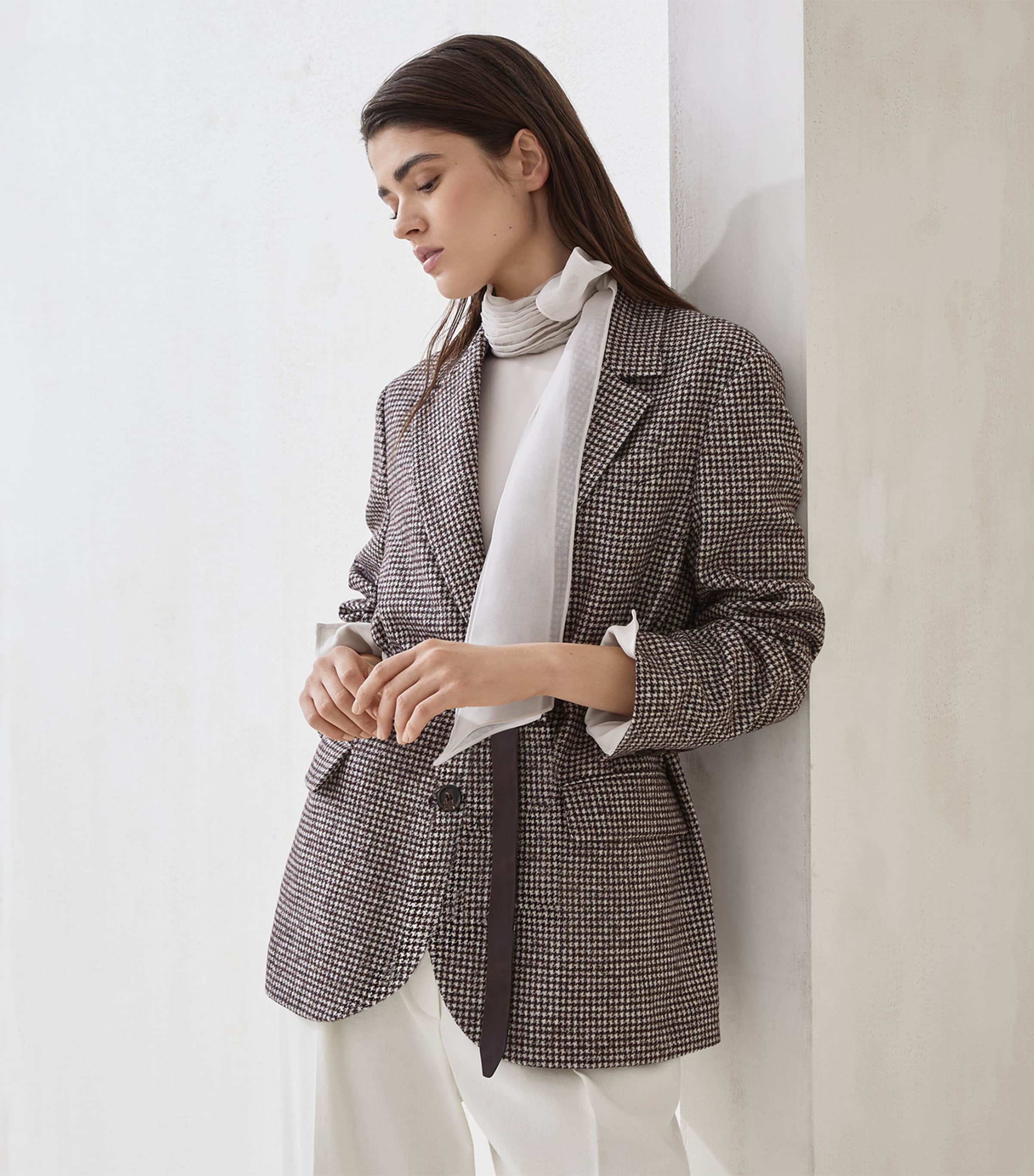 Wool-Alpaca Houndstooth Belted Blazer C007 Image 5