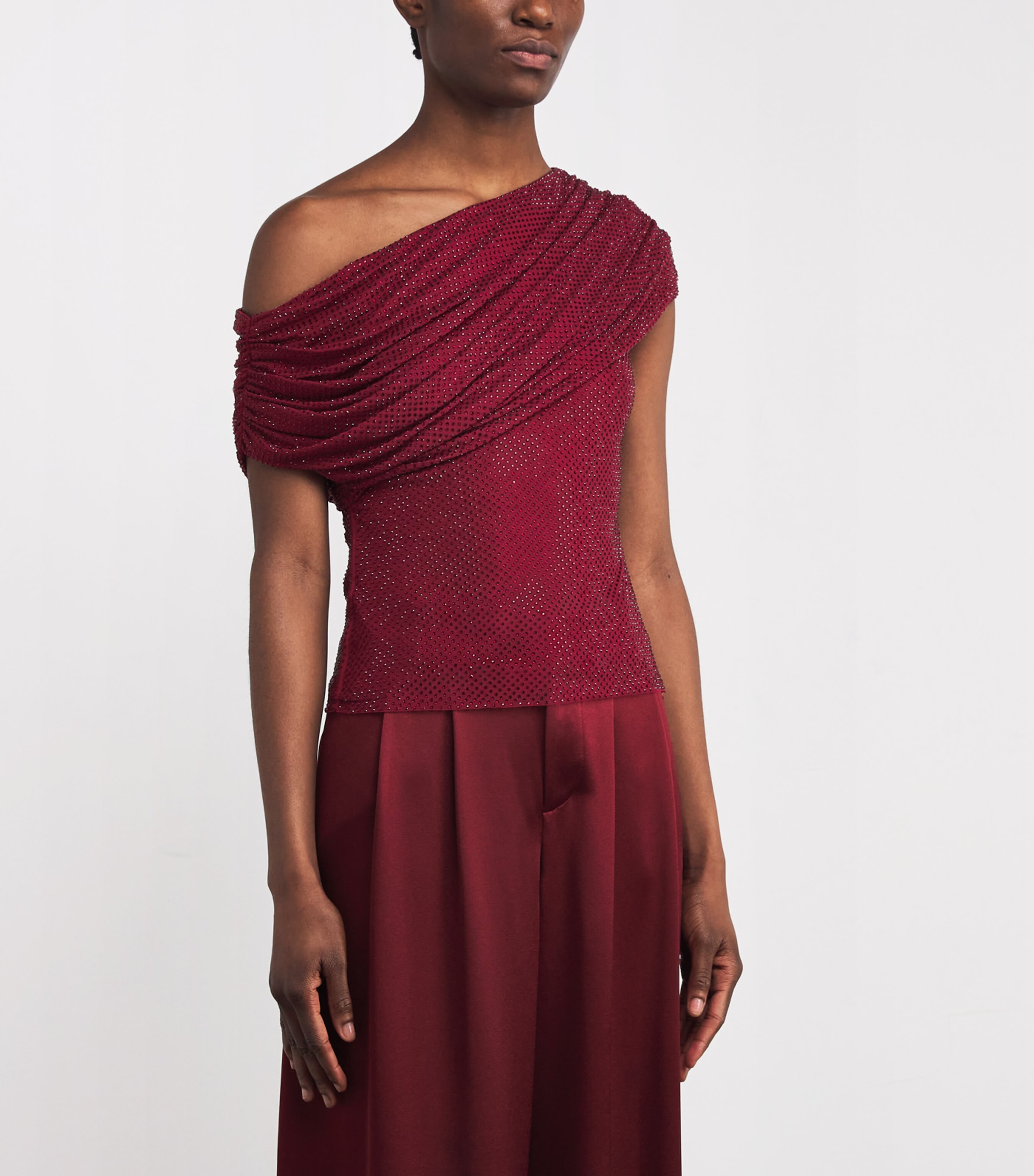 Rhinestone-Embellished Draped Top BURGUNDY Image 3