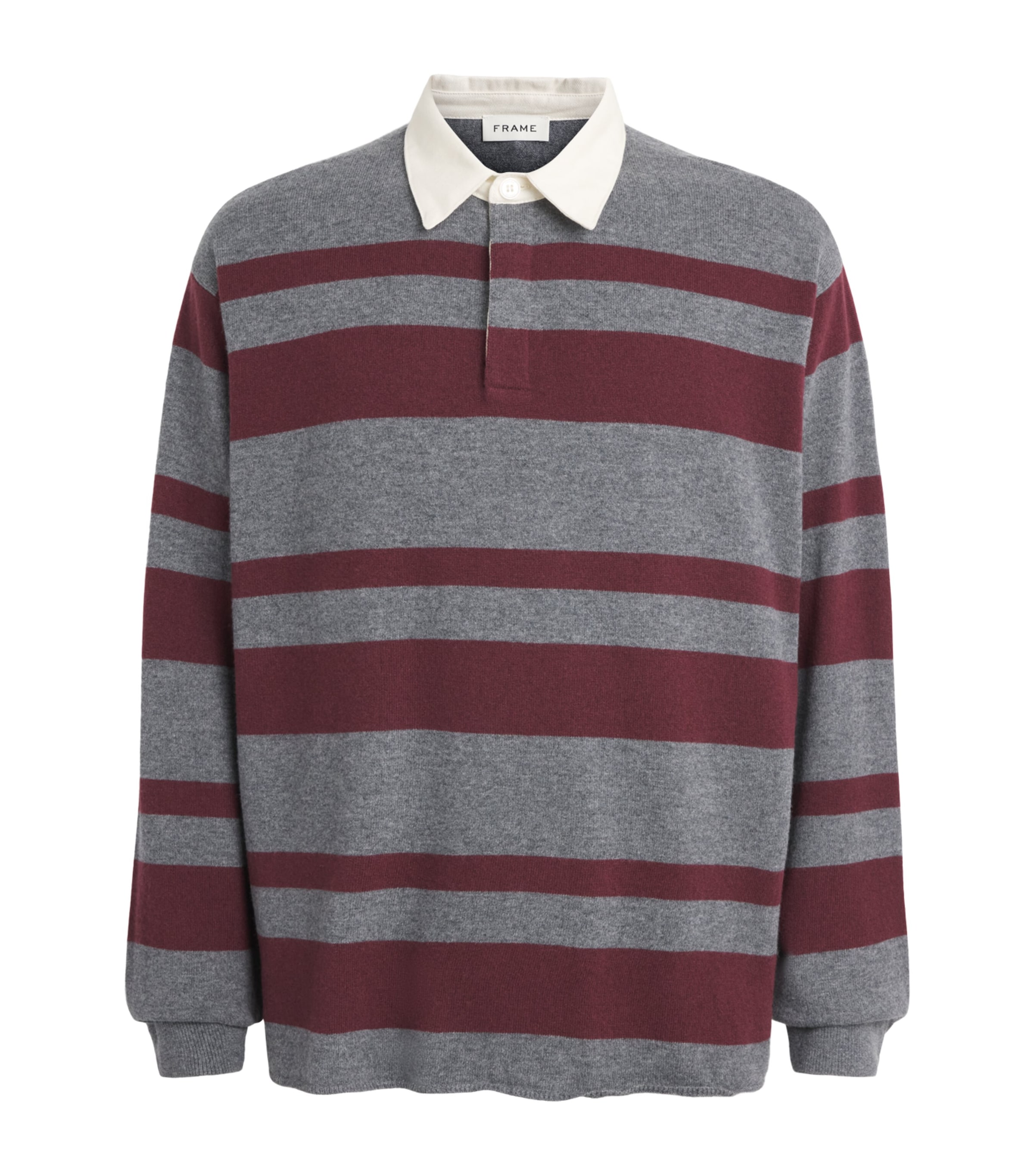 FRAME Mens Merino Wool-Cashmere Stripe Rugby Polo Shirt Gbst Grey/brgnd Strp Image 1