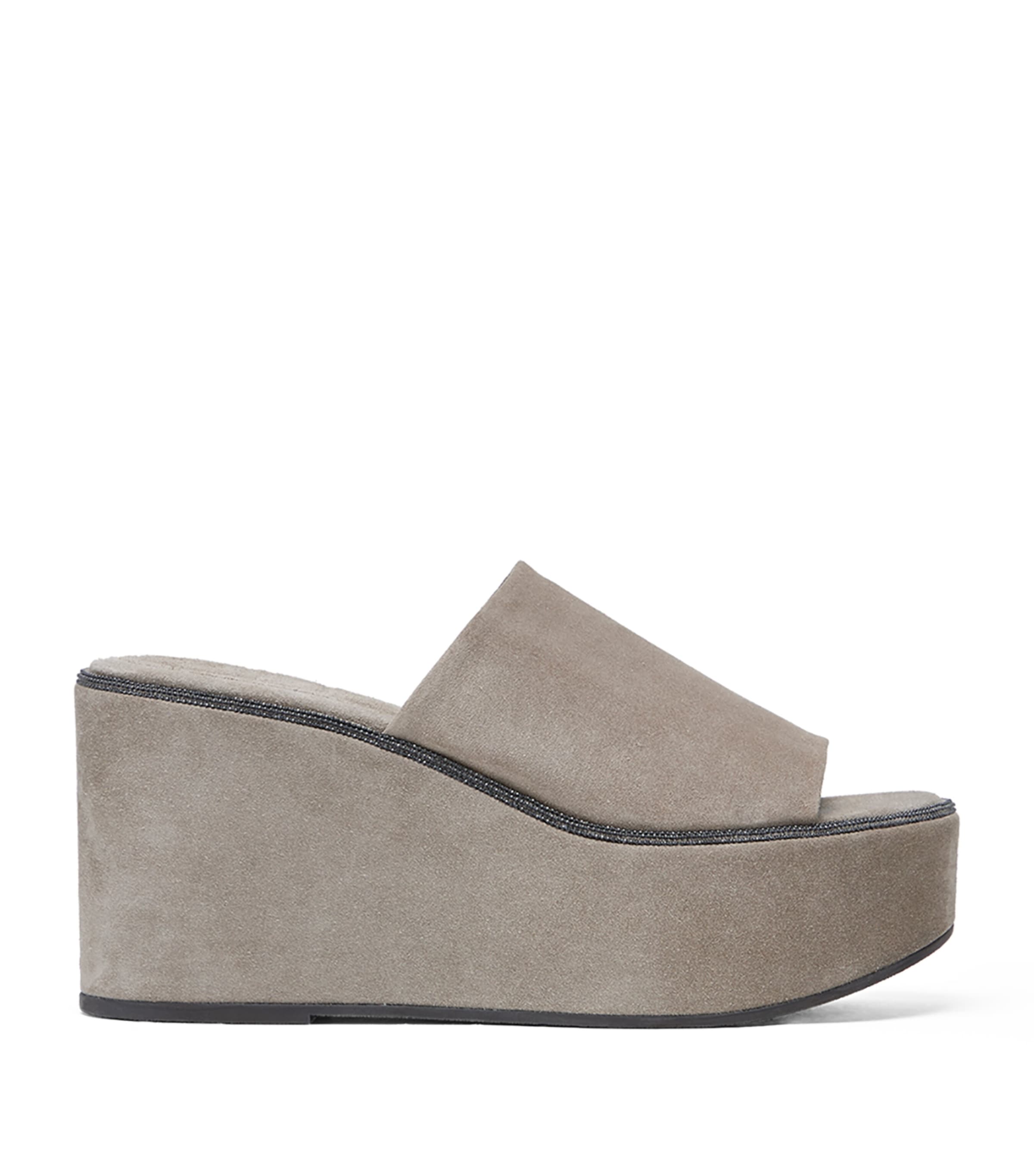 Brunello Cucinelli Platform Wedge Suede Mule In Brown