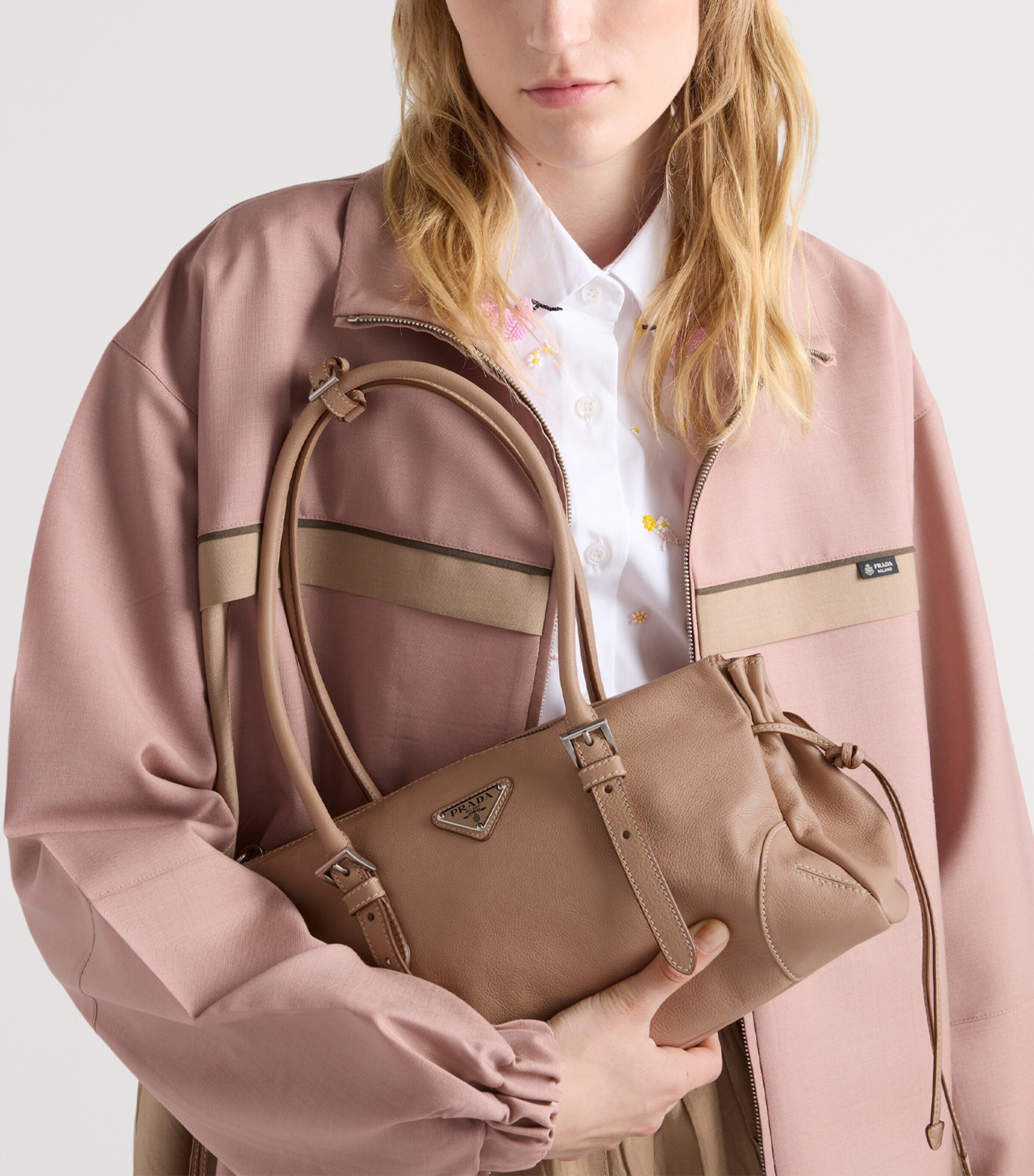 Prada Medium Leather Bonnie Top-Handle Bag Powder Image 8